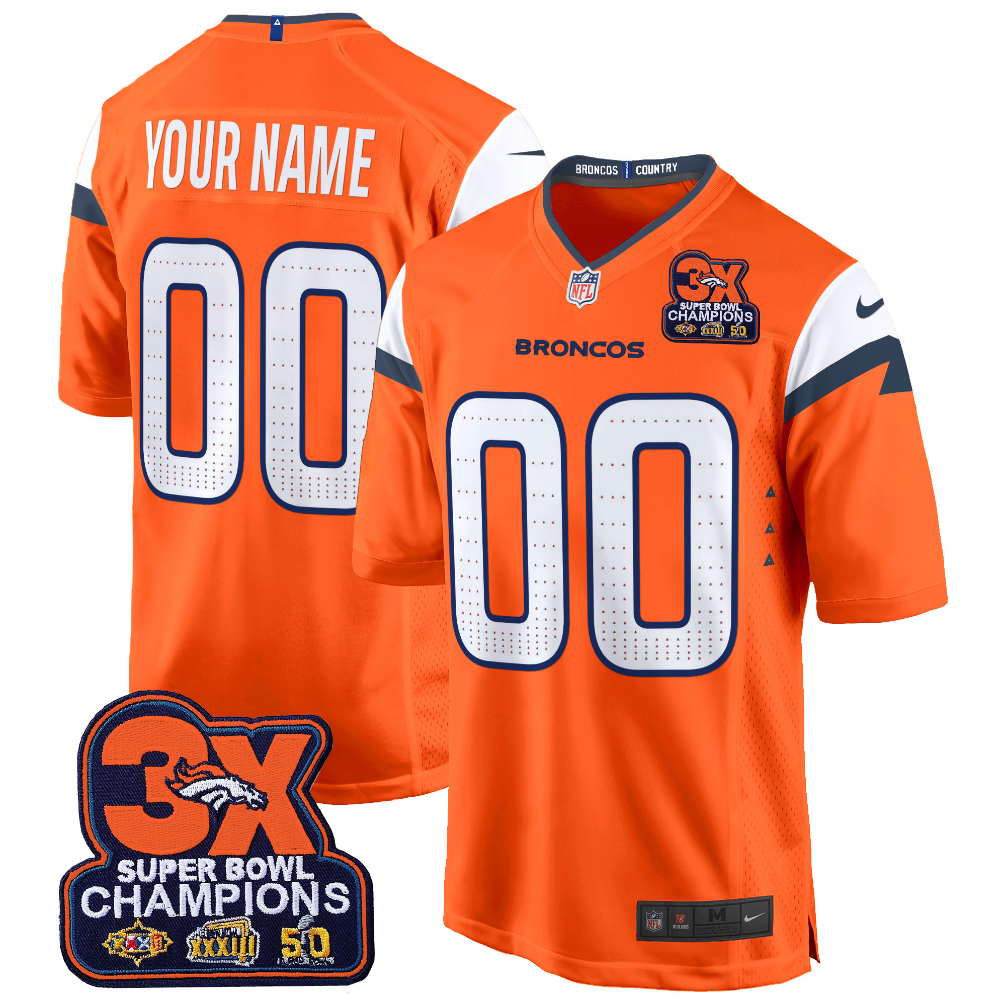 Men's Denver Broncos 3-Time Champions Patch Game Custom Orange Jersey - All Stitched