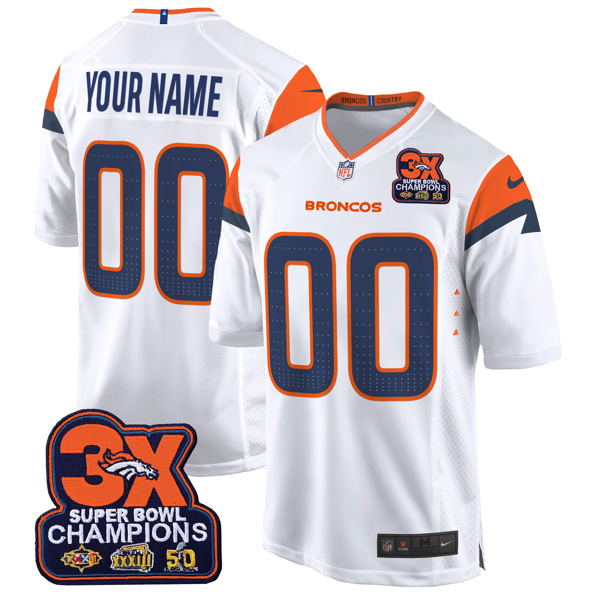 Men's Denver Broncos 3-Time Champions Patch Game Custom White Jersey - All Stitched