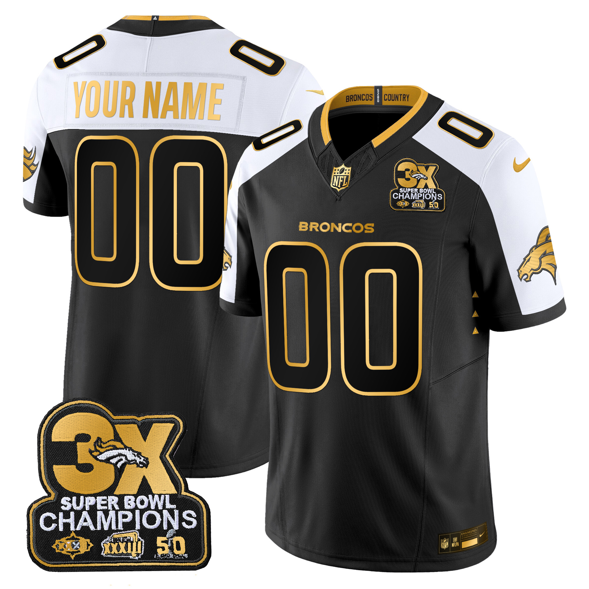 Men's Denver Broncos 3-Time Champions Patch Gold Vapor Limited Custom Alternate Jersey - All Stitched