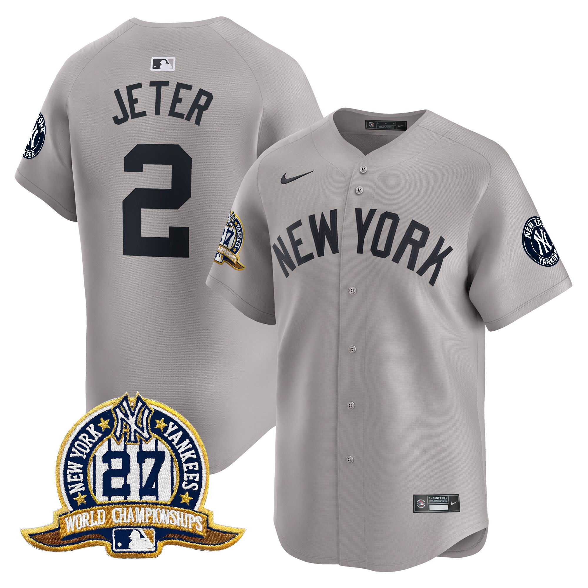 Men's Derek Jeter New York Yankees 27 Time Champions Patch Vapor Premier Limited Gray Jersey - All Stitched - Image 1
