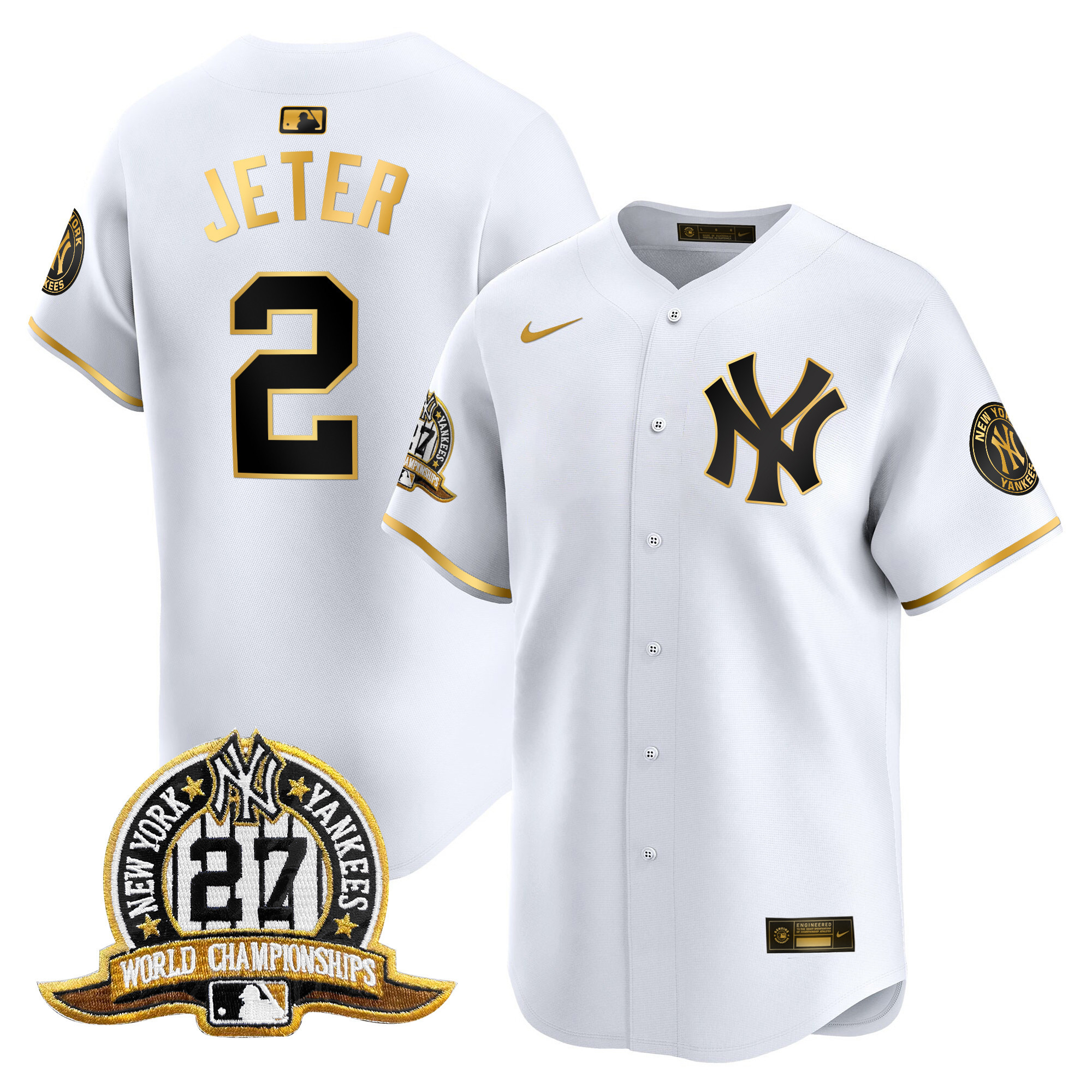 Men's Derek Jeter New York Yankees 27 Time Champions Patch Vapor Premier Limited White Gold Jersey - All Stitched