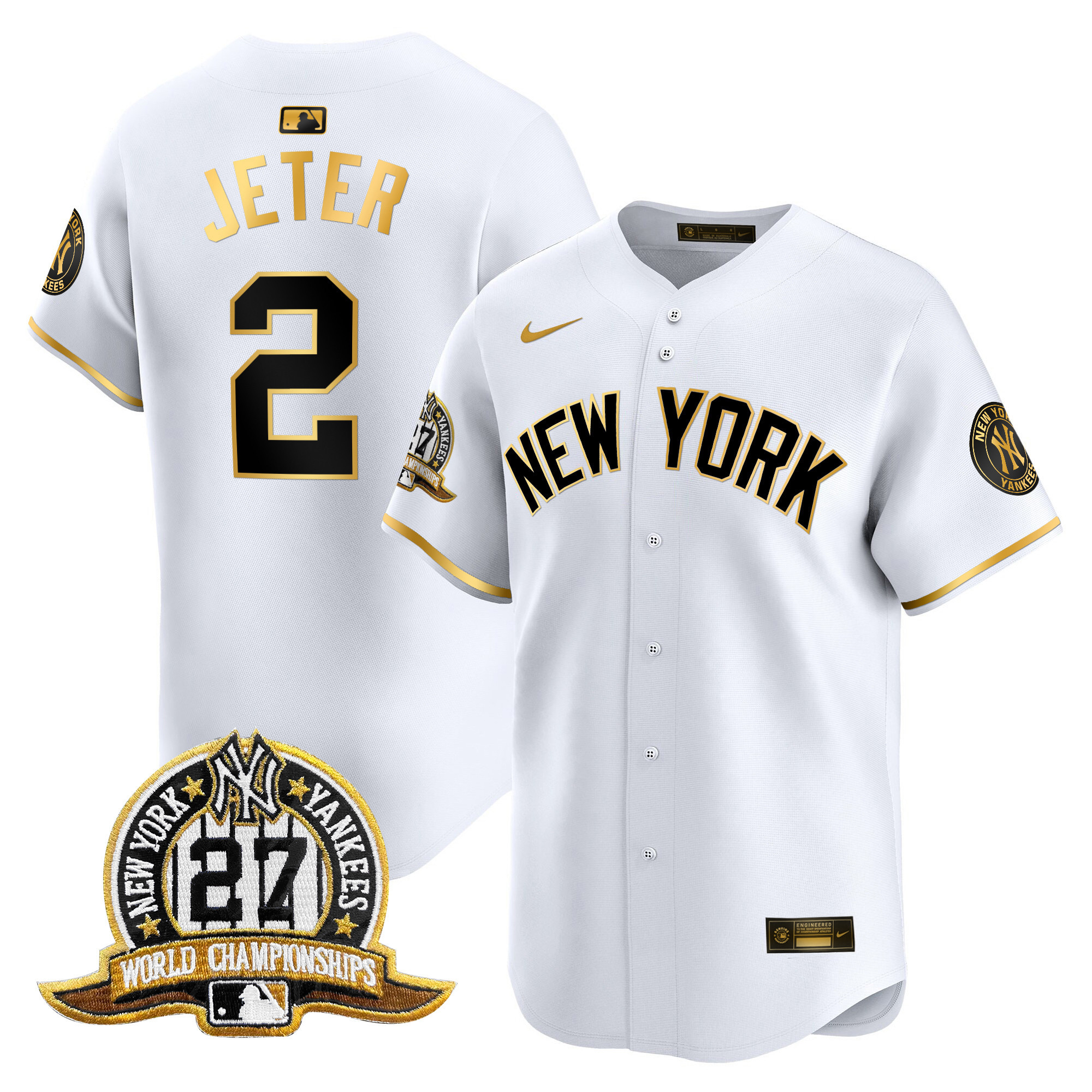 Men's Derek Jeter New York Yankees 27 Time Champions Patch Vapor Premier Limited White Gold Jersey V2 - All Stitched