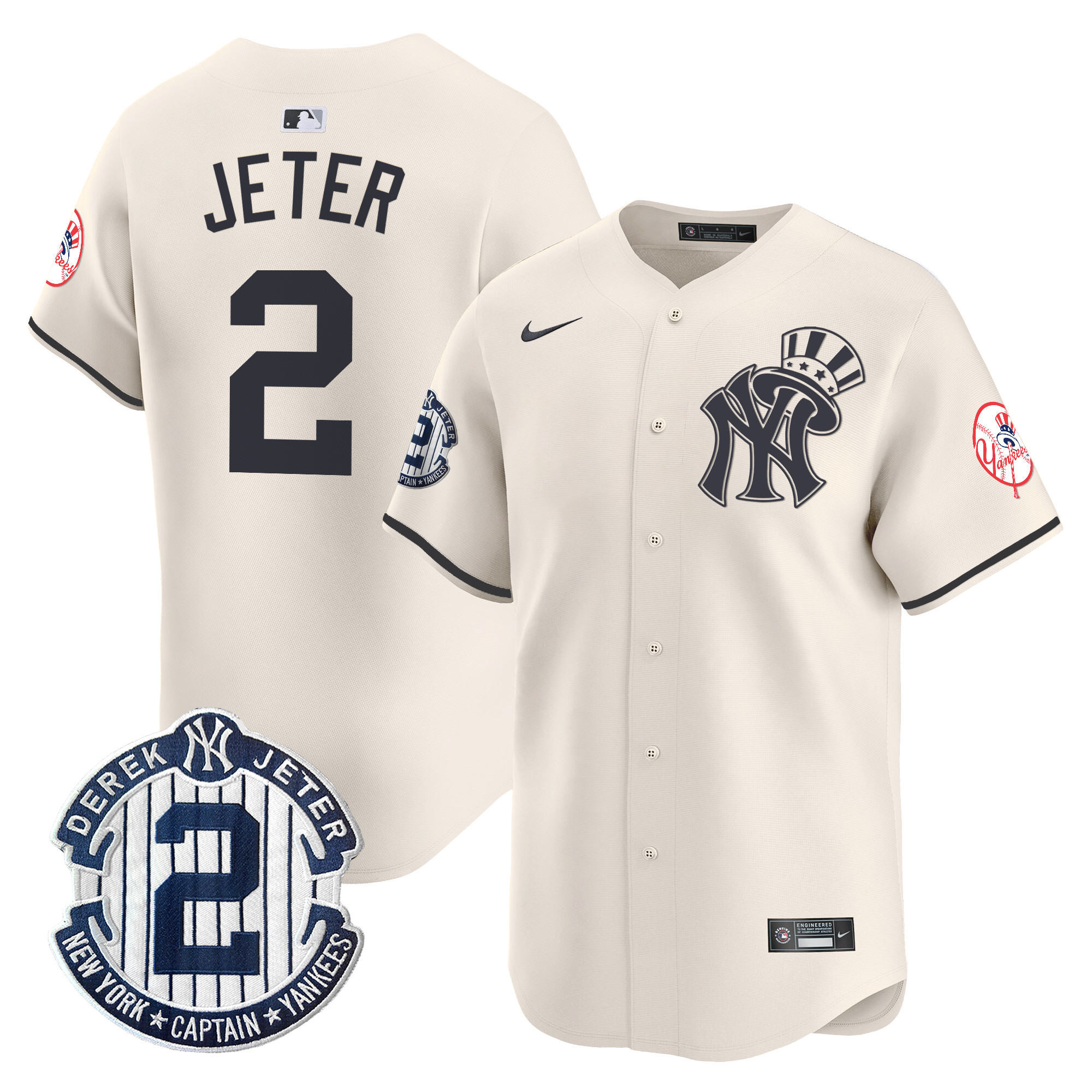 Men's Derek Jeter New York Yankees Derek Jeter Patch Vapor Premier Limited Cream Jersey V2 - All Stitched