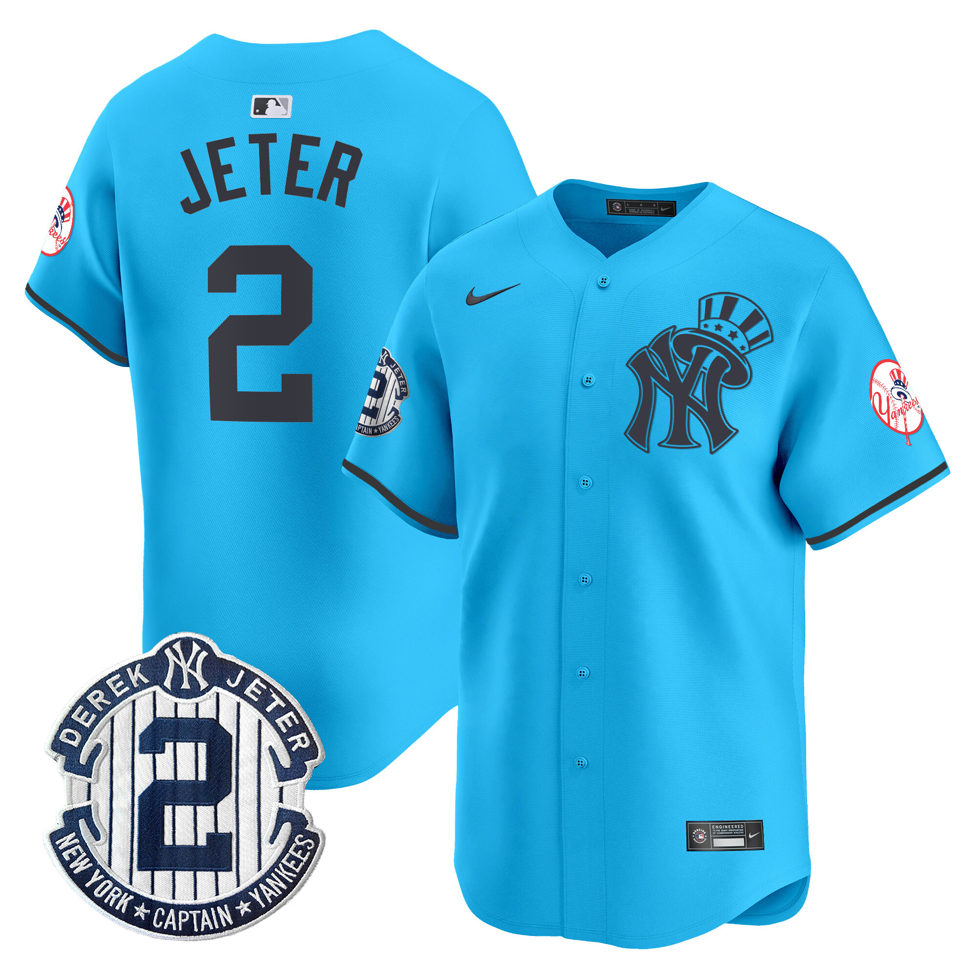Men's Derek Jeter New York Yankees Derek Jeter Patch Vapor Premier Limited Light Blue Jersey V2 - All Stitched