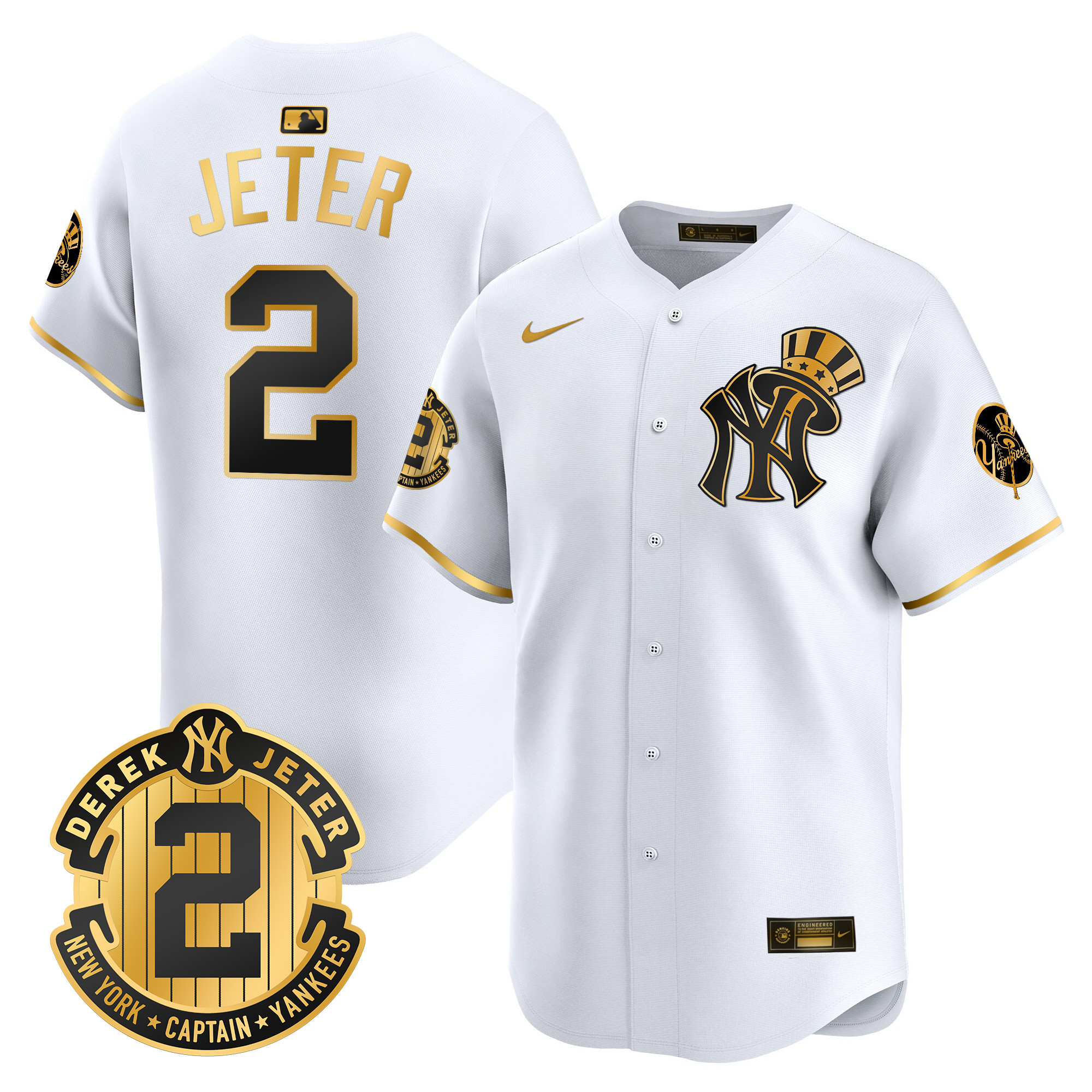 Men's Derek Jeter New York Yankees Derek Jeter Patch Vapor Premier Limited White Gold Jersey V2 - All Stitched