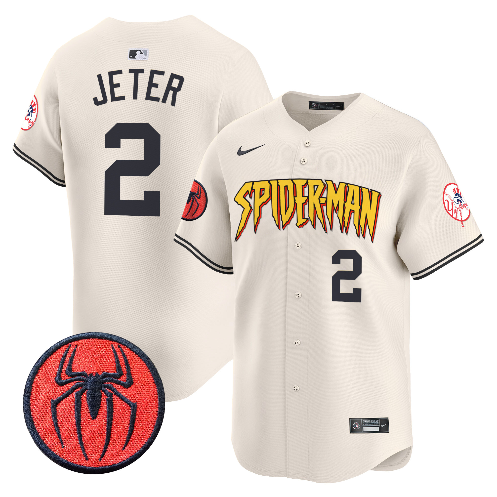 Men's Derek Jeter New York Yankees Spider-Man Vapor Premier Limited Cream Jersey - All Stitched
