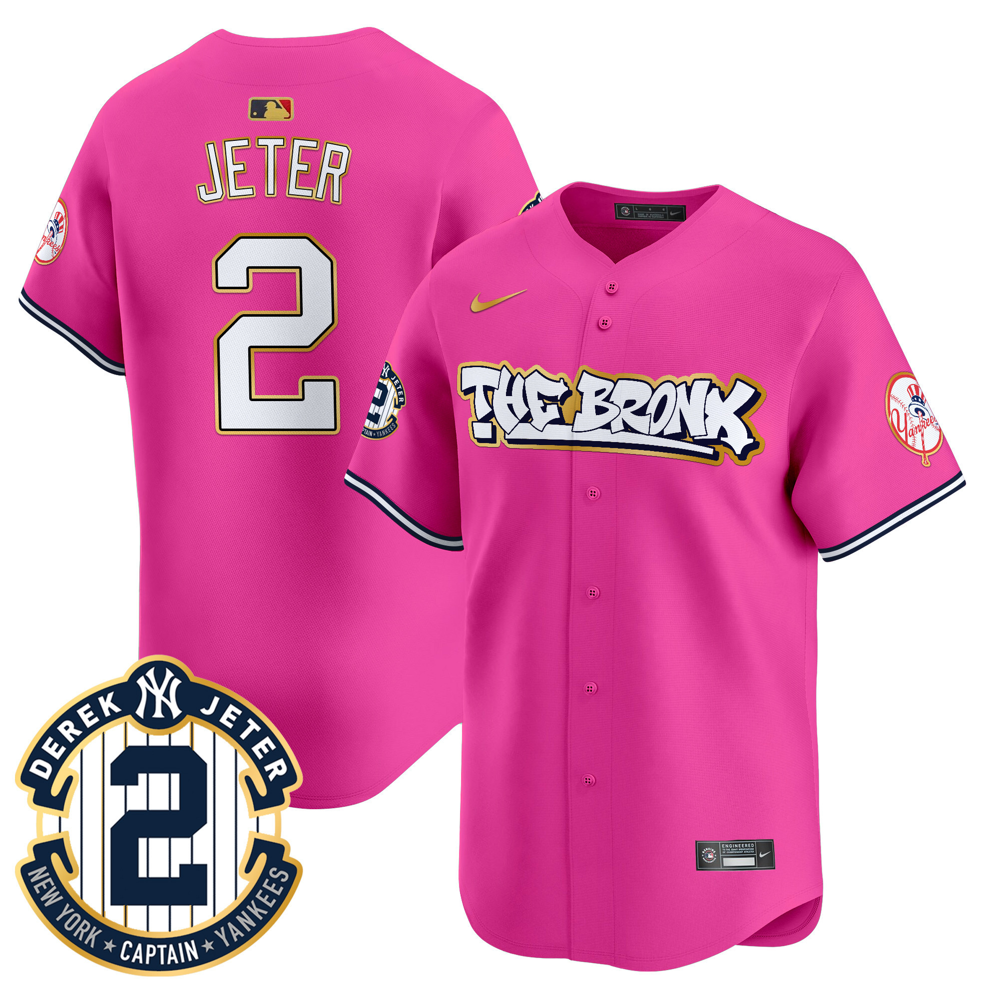 Men's Derek Jeter New York Yankees The Bronx Graffiti Gold Trim Vapor Premier Limited Pink Jersey - All Stitched