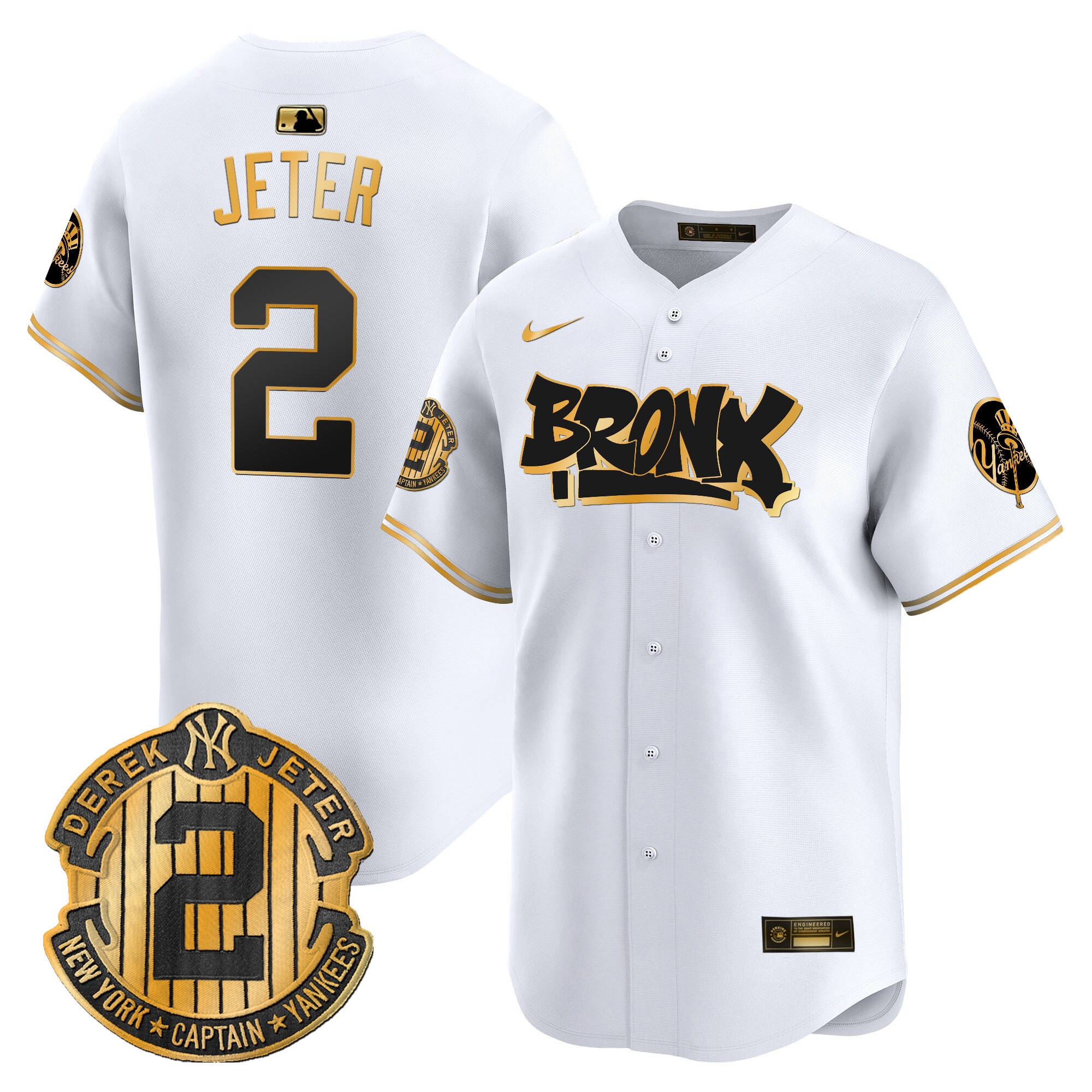 Men's Derek Jeter New York Yankees The Bronx Graffiti Vapor Premier Limited White Gold Jersey V6 - All Stitched