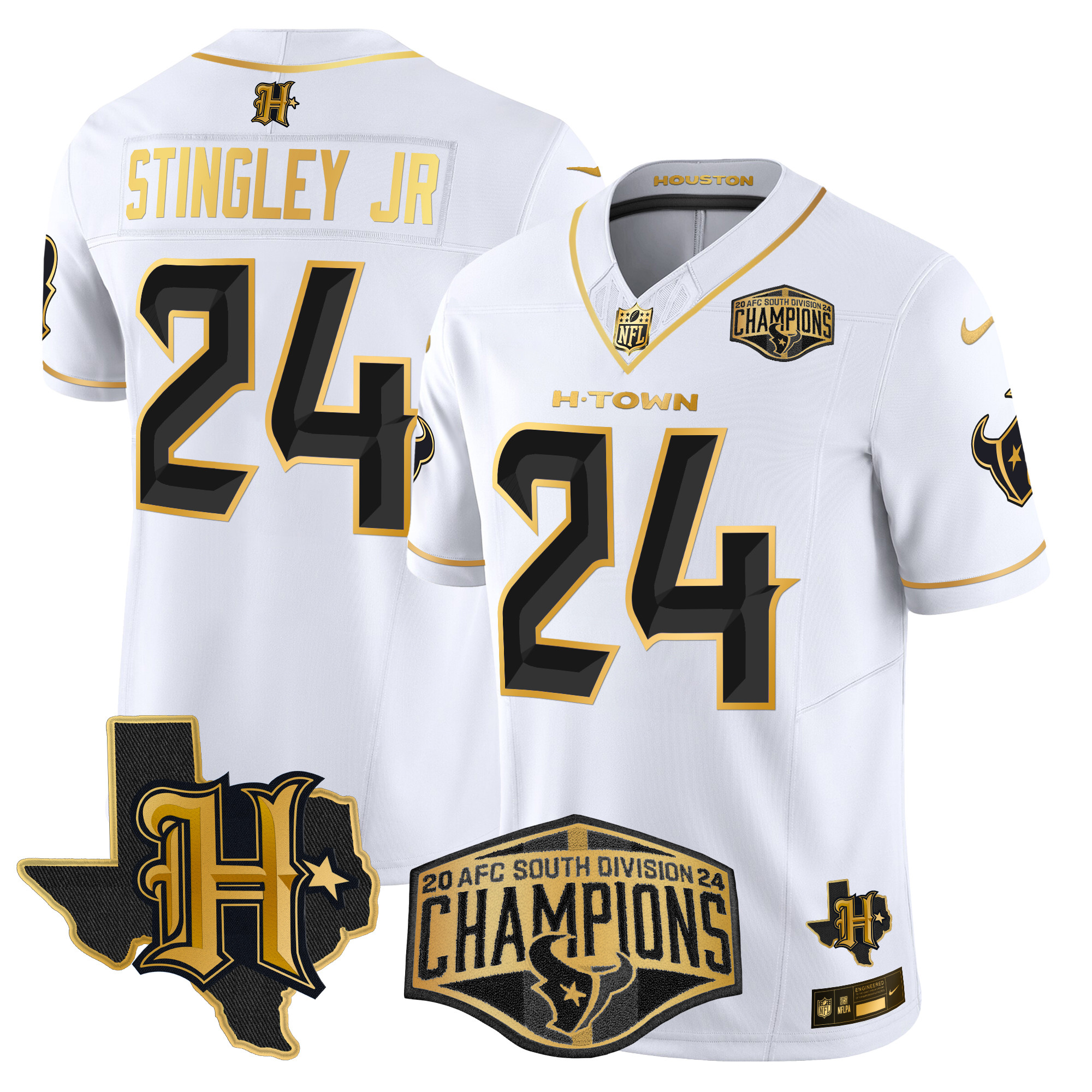Men's Derek Stingley Jr. Houston Texans 2024 AFC South Division Champions Patch Gold Vapor Limited White Gold Jersey - All Stitched