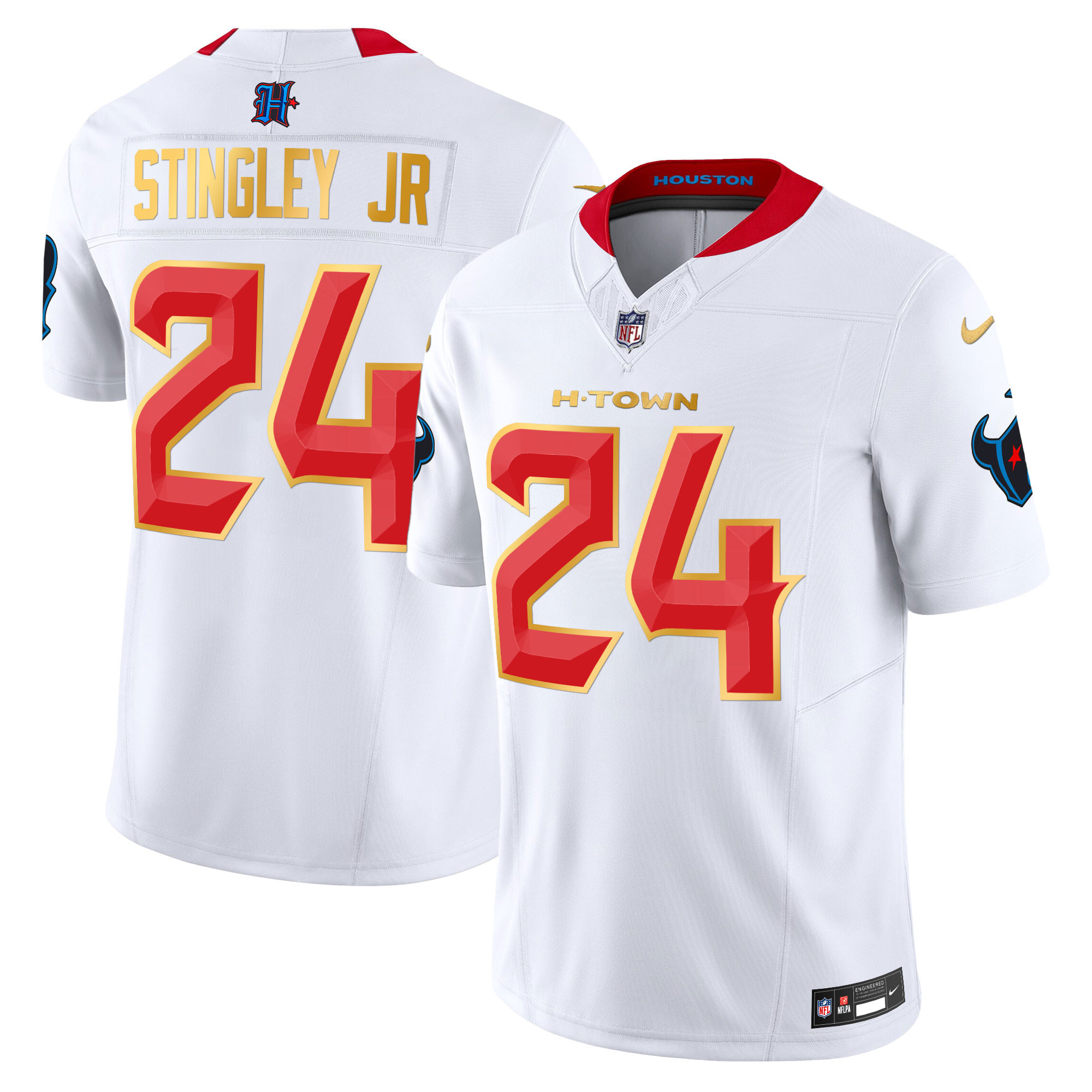 Men's Derek Stingley Jr. Houston Texans 2024 Gold Trim Vapor Limited White Jersey - All Stitched