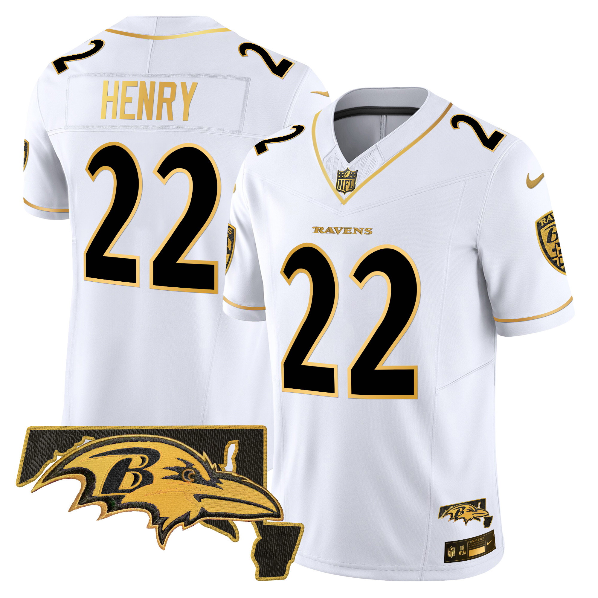 Men's Derrick Henry Baltimore Ravens 2024 Gold Vapor Limited White Gold Jersey - All Stitched