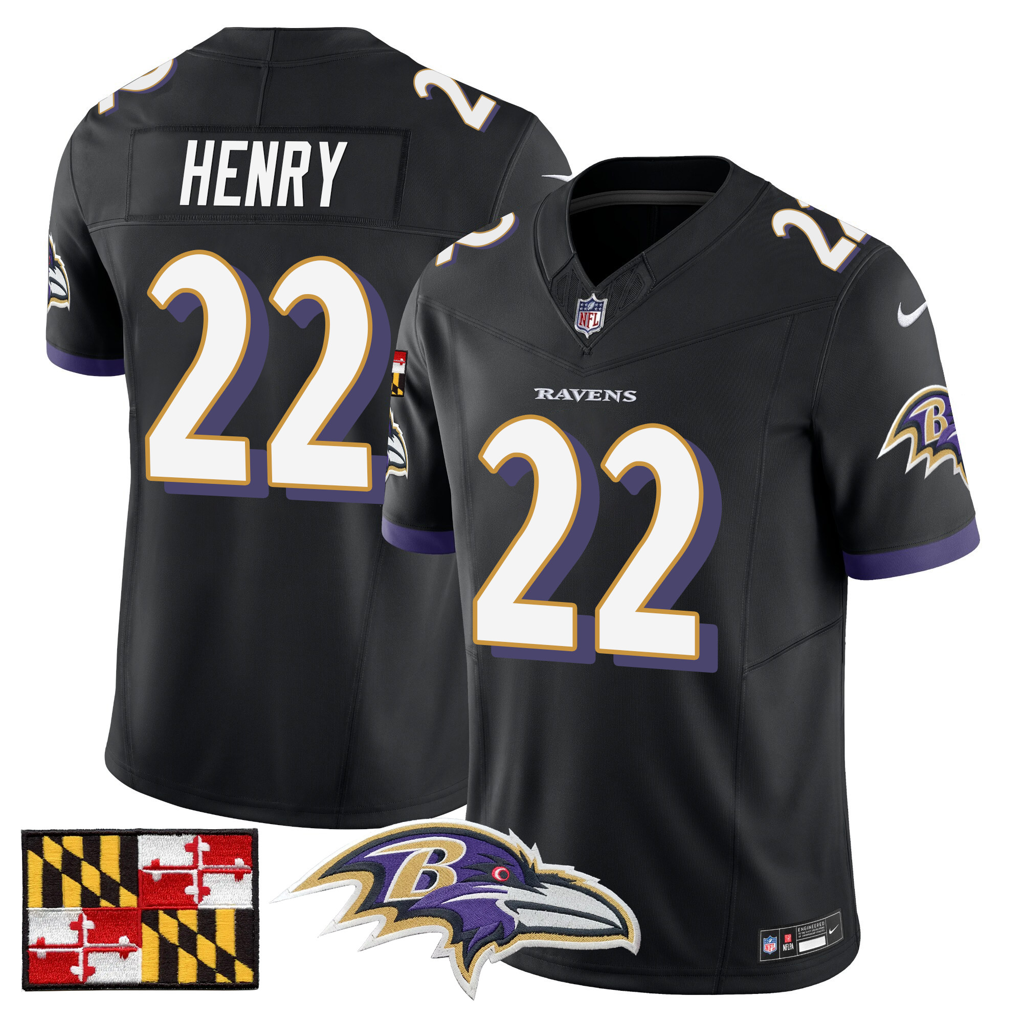 Men's Derrick Henry Baltimore Ravens 2024 Maryland Flag Vapor Limited Black Jersey - All Stitched