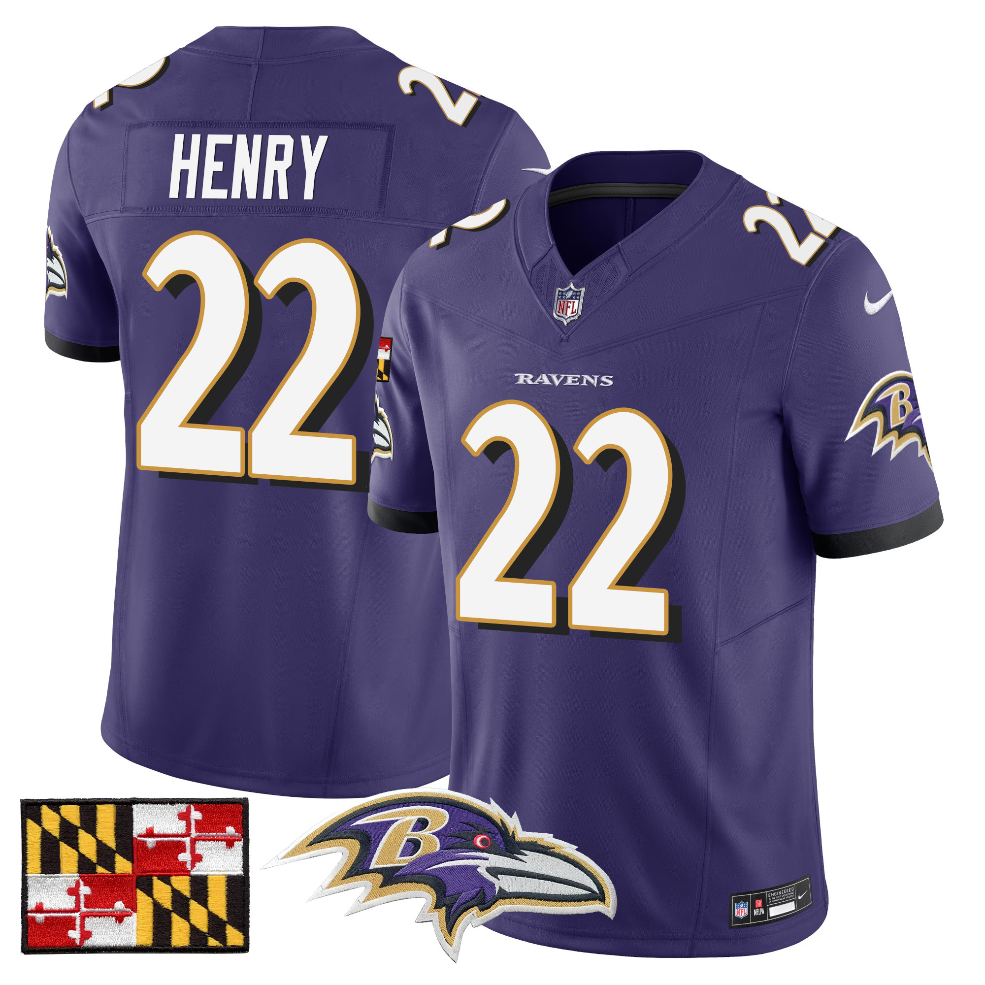 Men's Derrick Henry Baltimore Ravens 2024 Maryland Flag Vapor Limited Purple Jersey - All Stitched