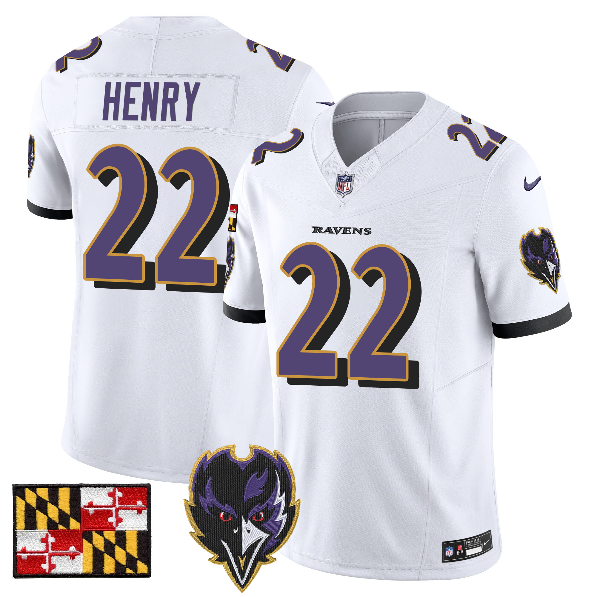 Men's Derrick Henry Baltimore Ravens 2024 Maryland Flag Vapor Limited White Jersey - All Stitched