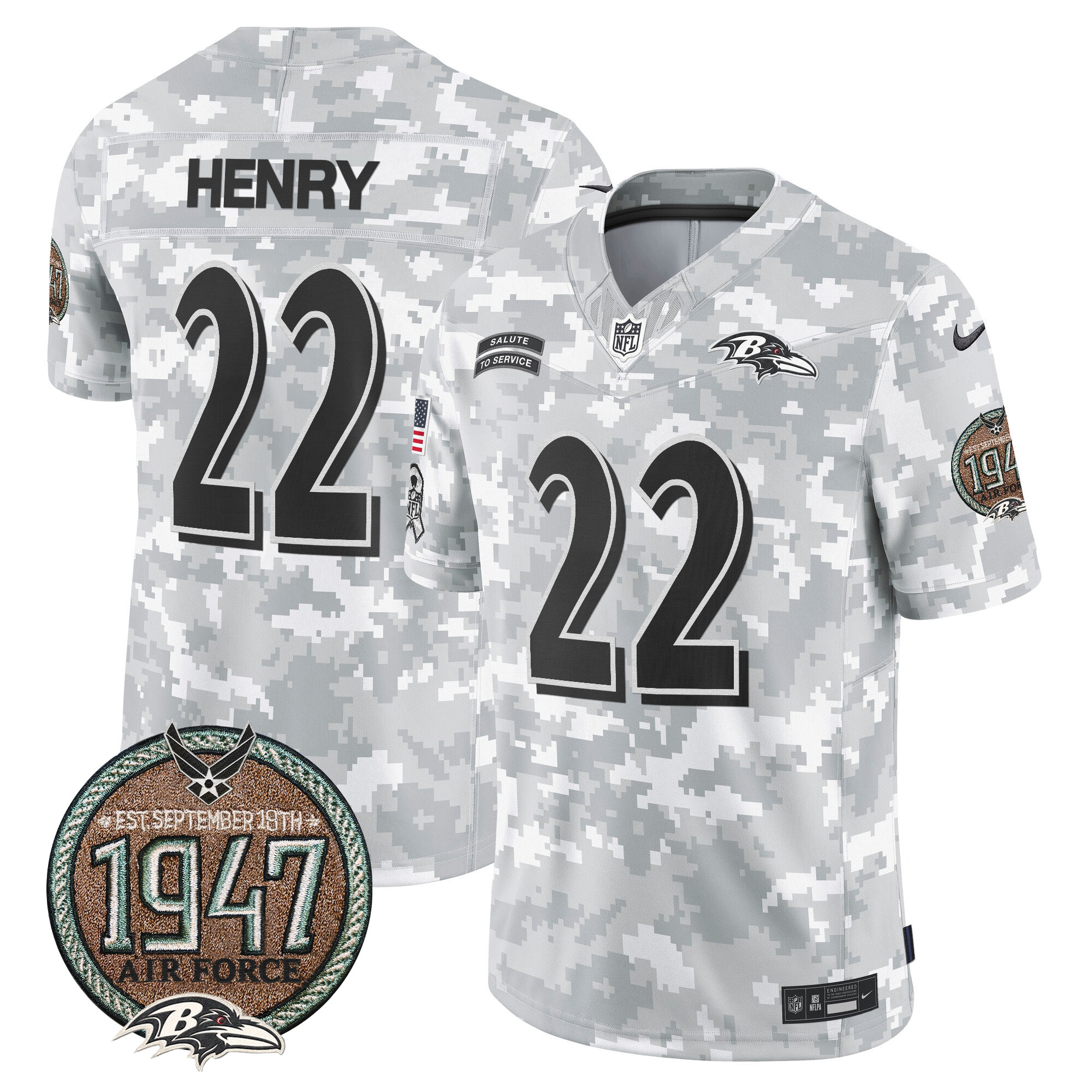Men's Derrick Henry Baltimore Ravens 2024 Salute to Service Establishment Year Patch Vapor Limited Air Force Jersey - All Stitched