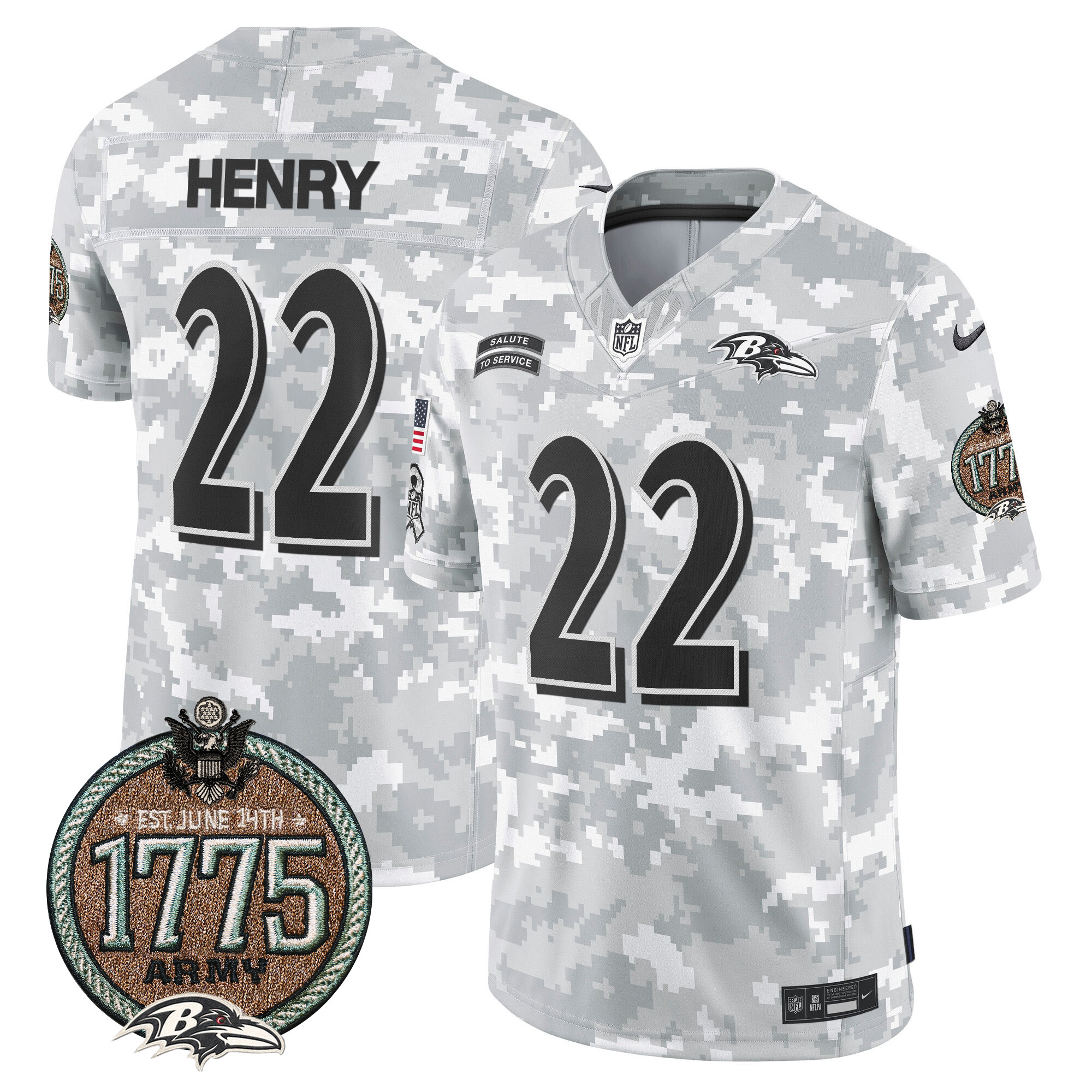 Men's Derrick Henry Baltimore Ravens 2024 Salute to Service Establishment Year Patch Vapor Limited Army Jersey - All Stitched