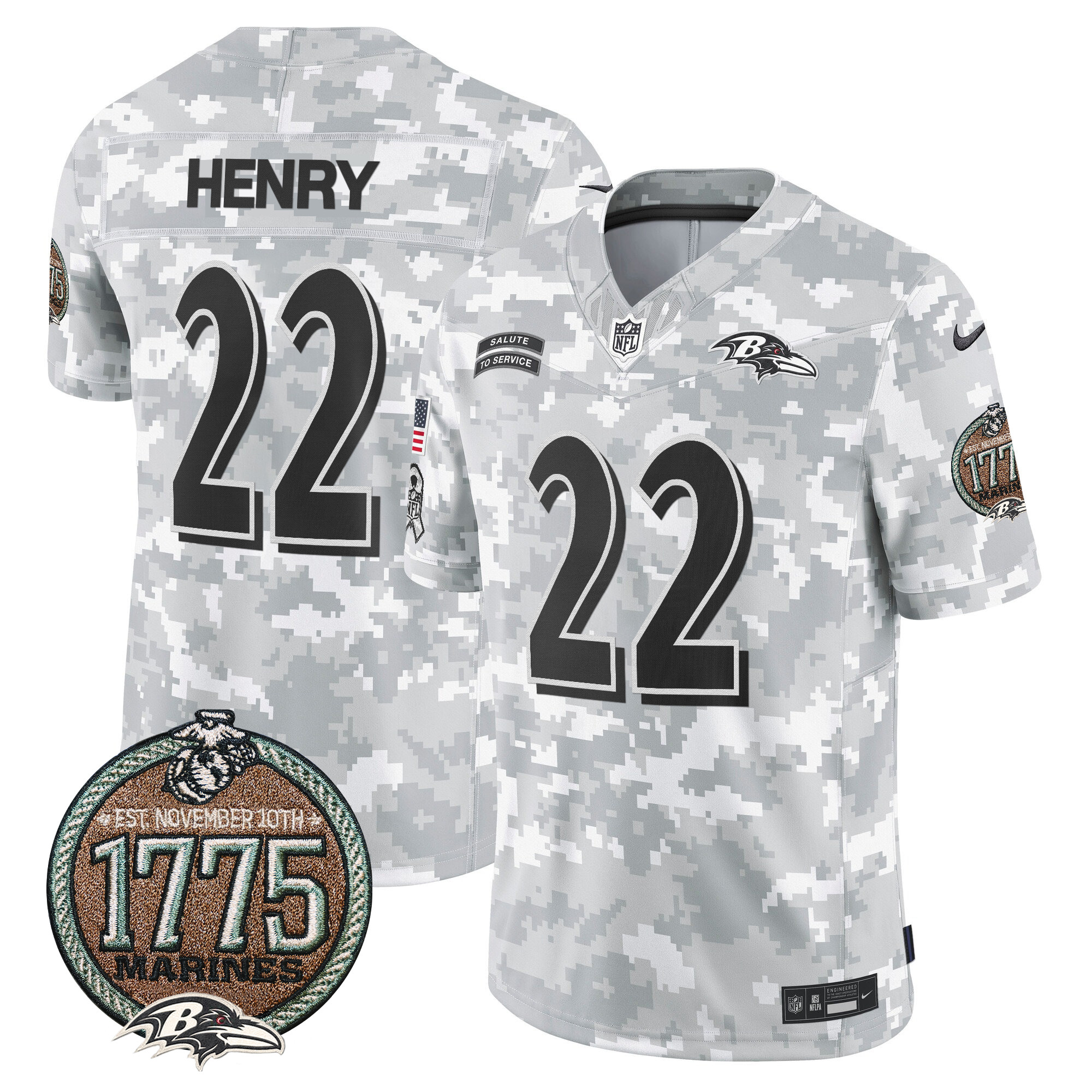 Men's Derrick Henry Baltimore Ravens 2024 Salute to Service Establishment Year Patch Vapor Limited Marines Jersey - All Stitched