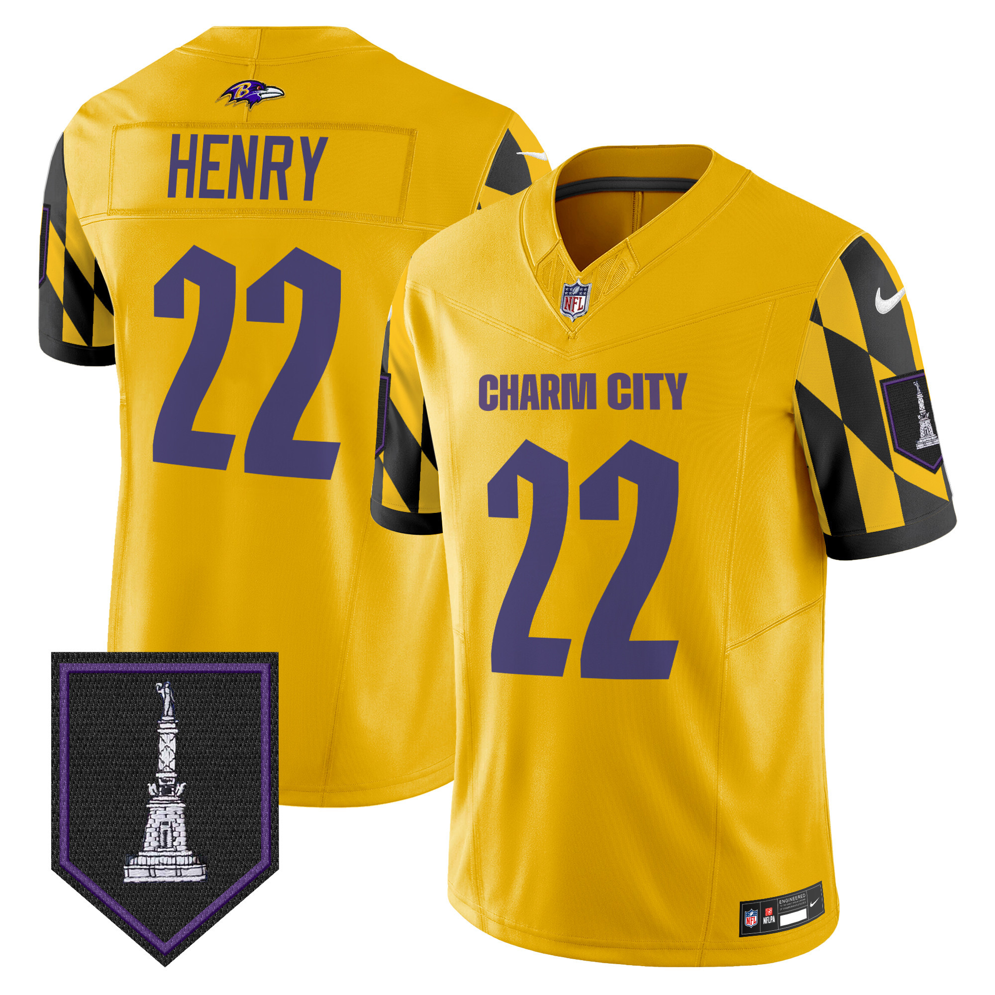 Men's Derrick Henry Baltimore Ravens City Edition Patch Vapor Limited Gold Jersey - All Stitched