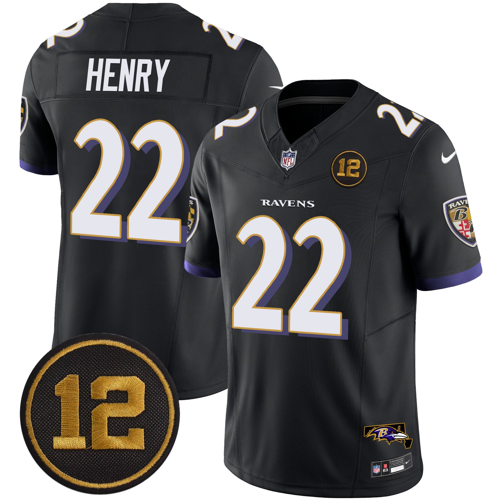 Men's Derrick Henry Baltimore Ravens Jacoby Jones Patch Vapor Limited Black Jersey - All Stitched