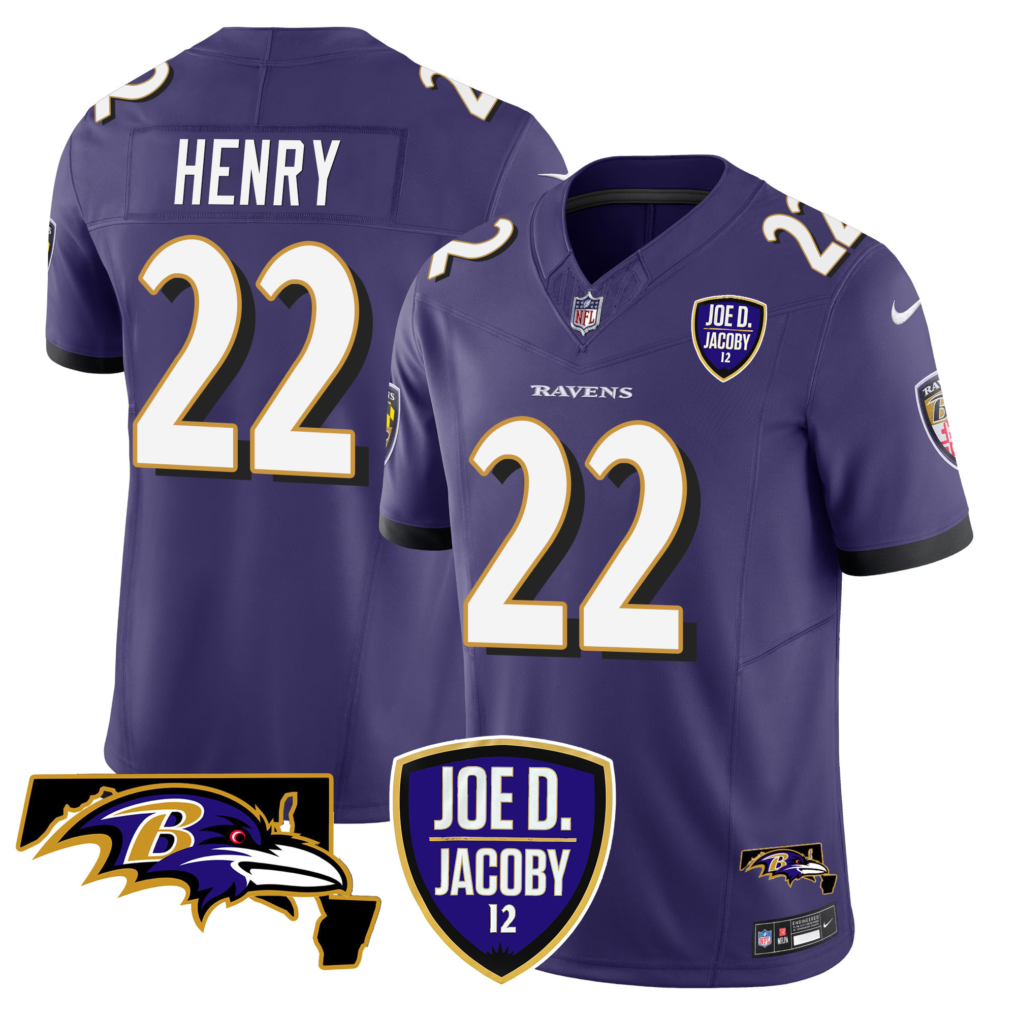 Men's Derrick Henry Baltimore Ravens Joe D & Jacoby Patch Vapor Limited Purple Jersey - All Stitched
