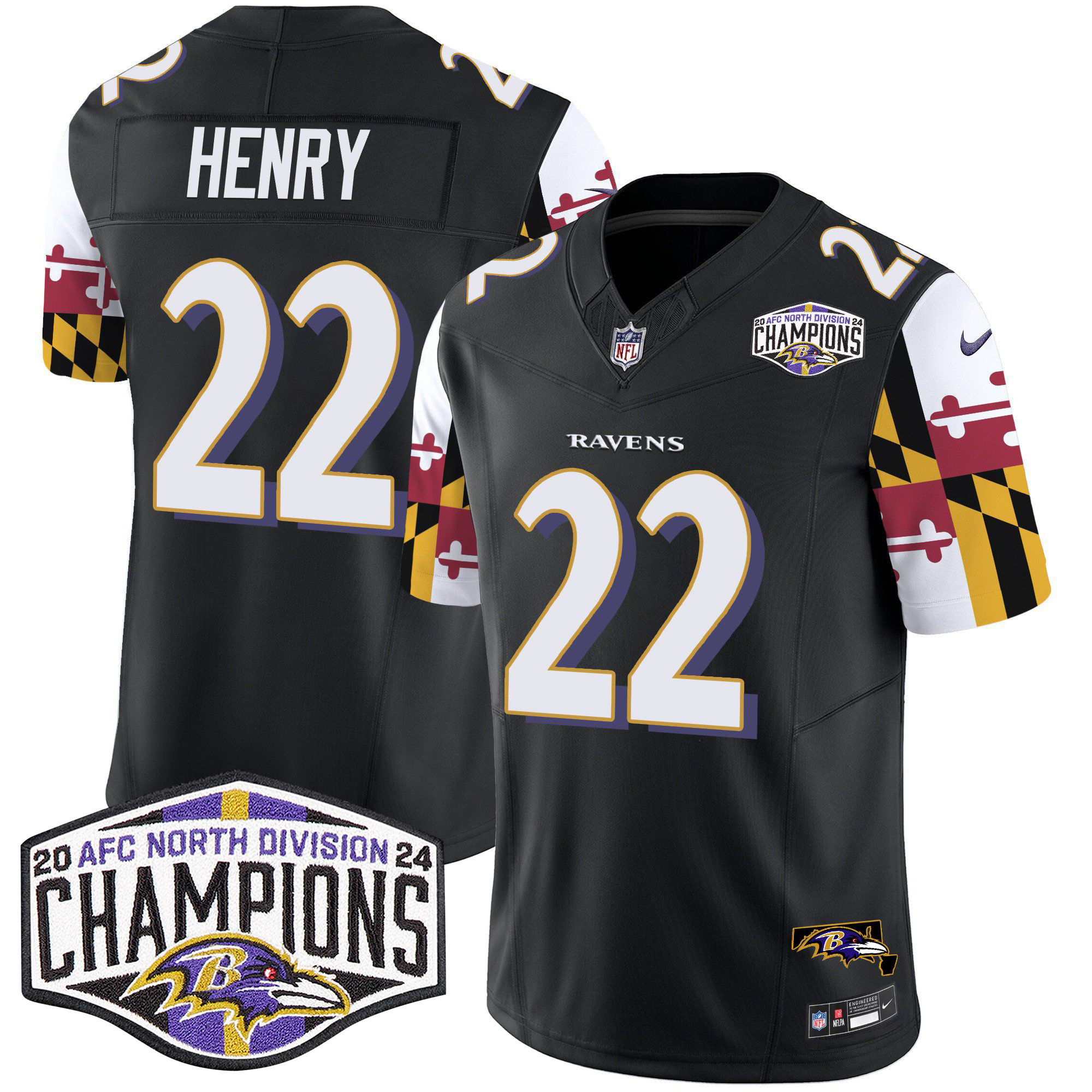 Men's Derrick Henry Baltimore Ravens Maryland Flag 2024 AFC North Division Champions Patch Vapor Limited Black Jersey - All Stitched