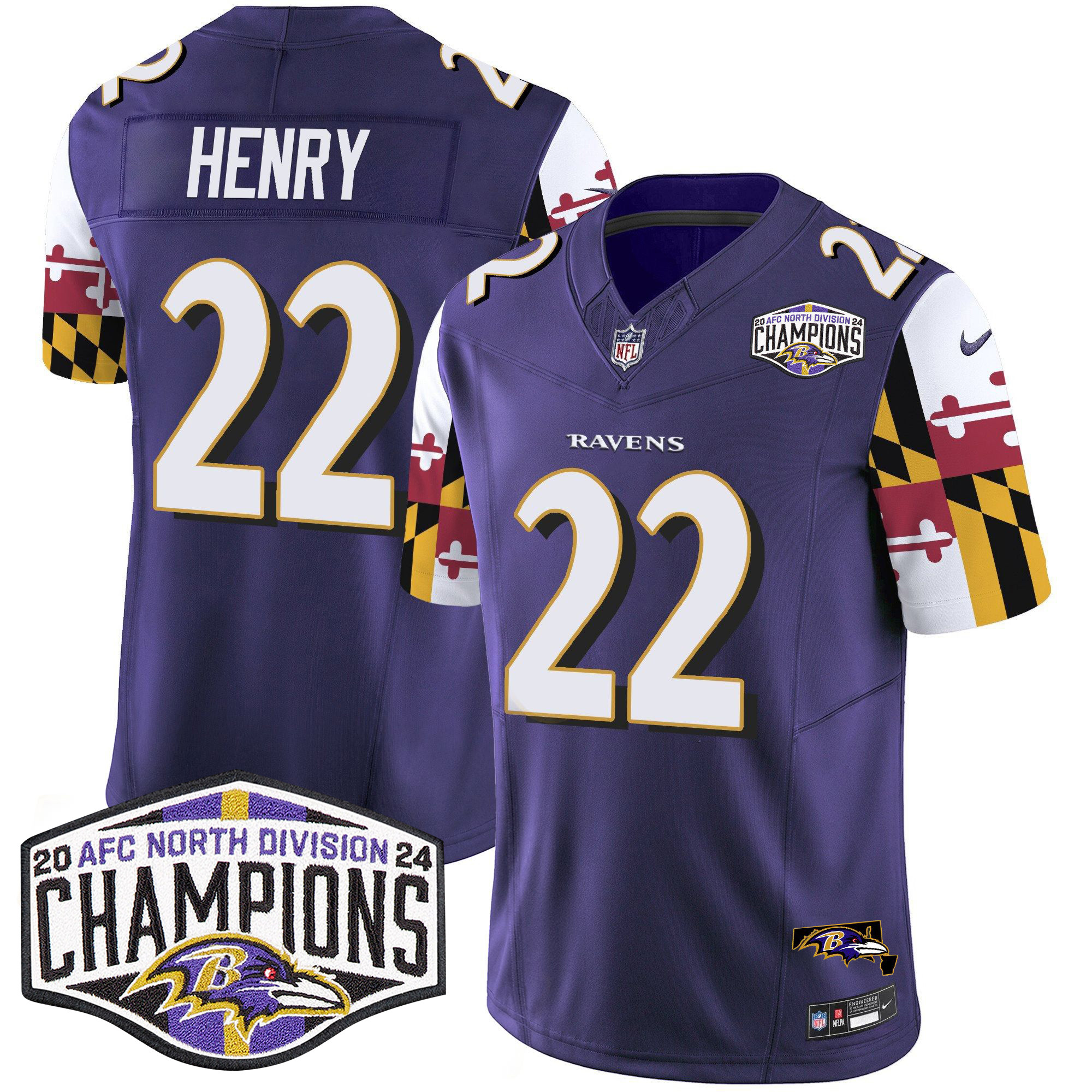 Men's Derrick Henry Baltimore Ravens Maryland Flag 2024 AFC North Division Champions Patch Vapor Limited Purple Jersey - All Stitched