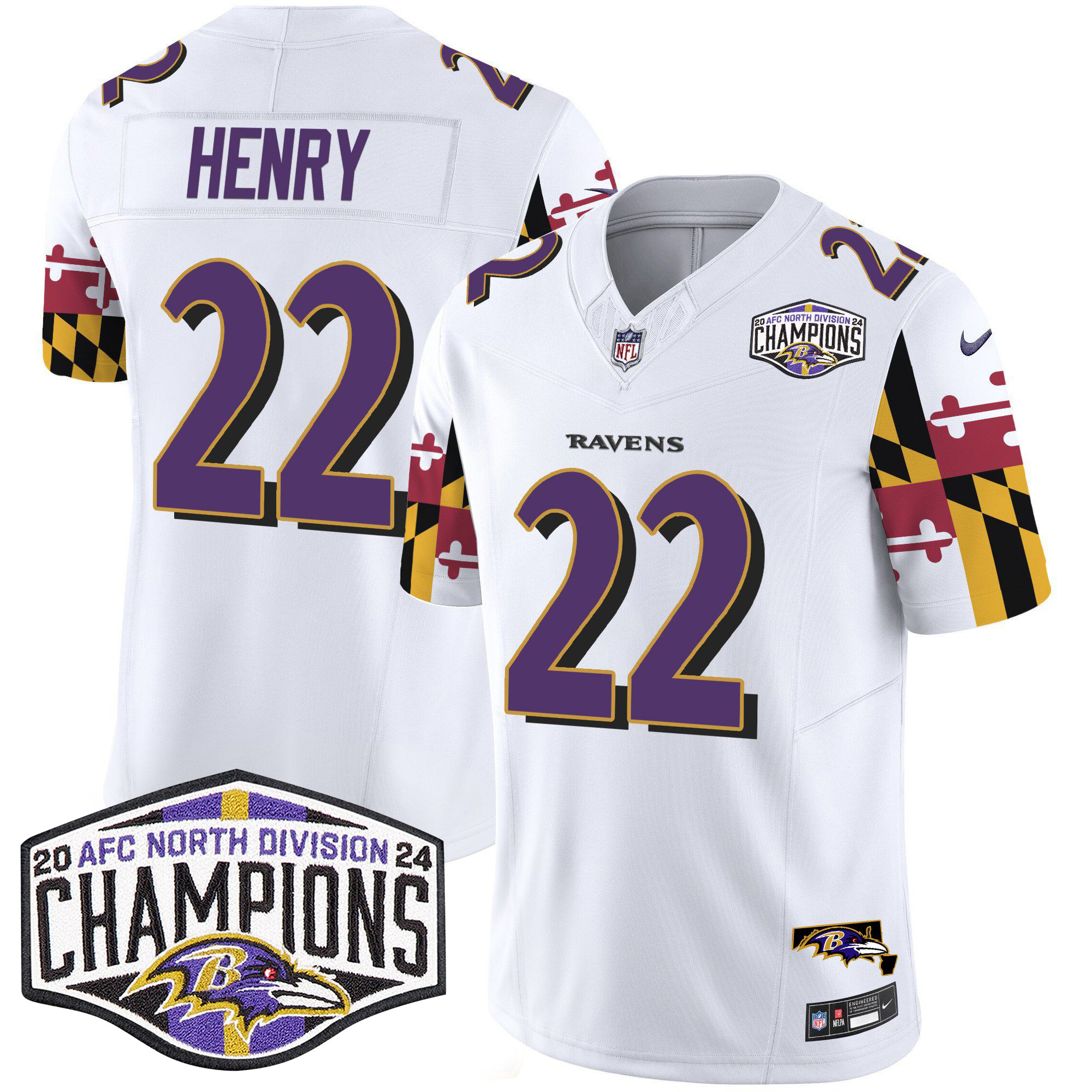Men's Derrick Henry Baltimore Ravens Maryland Flag 2024 AFC North Division Champions Patch Vapor Limited White Jersey - All Stitched