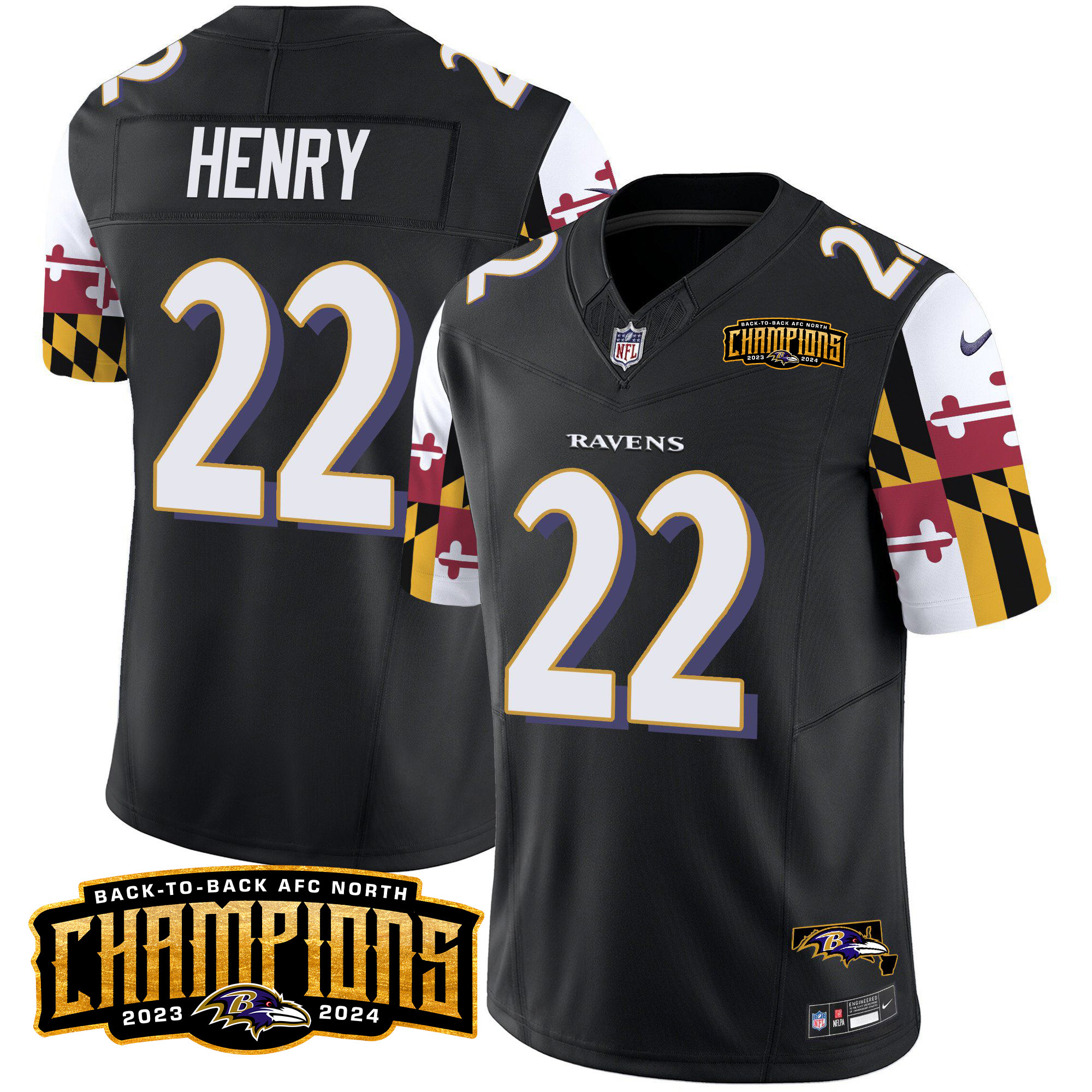 Men's Derrick Henry Baltimore Ravens Maryland Flag Back To Back AFC North Champions Patch Vapor Limited Black Jersey - All Stitched
