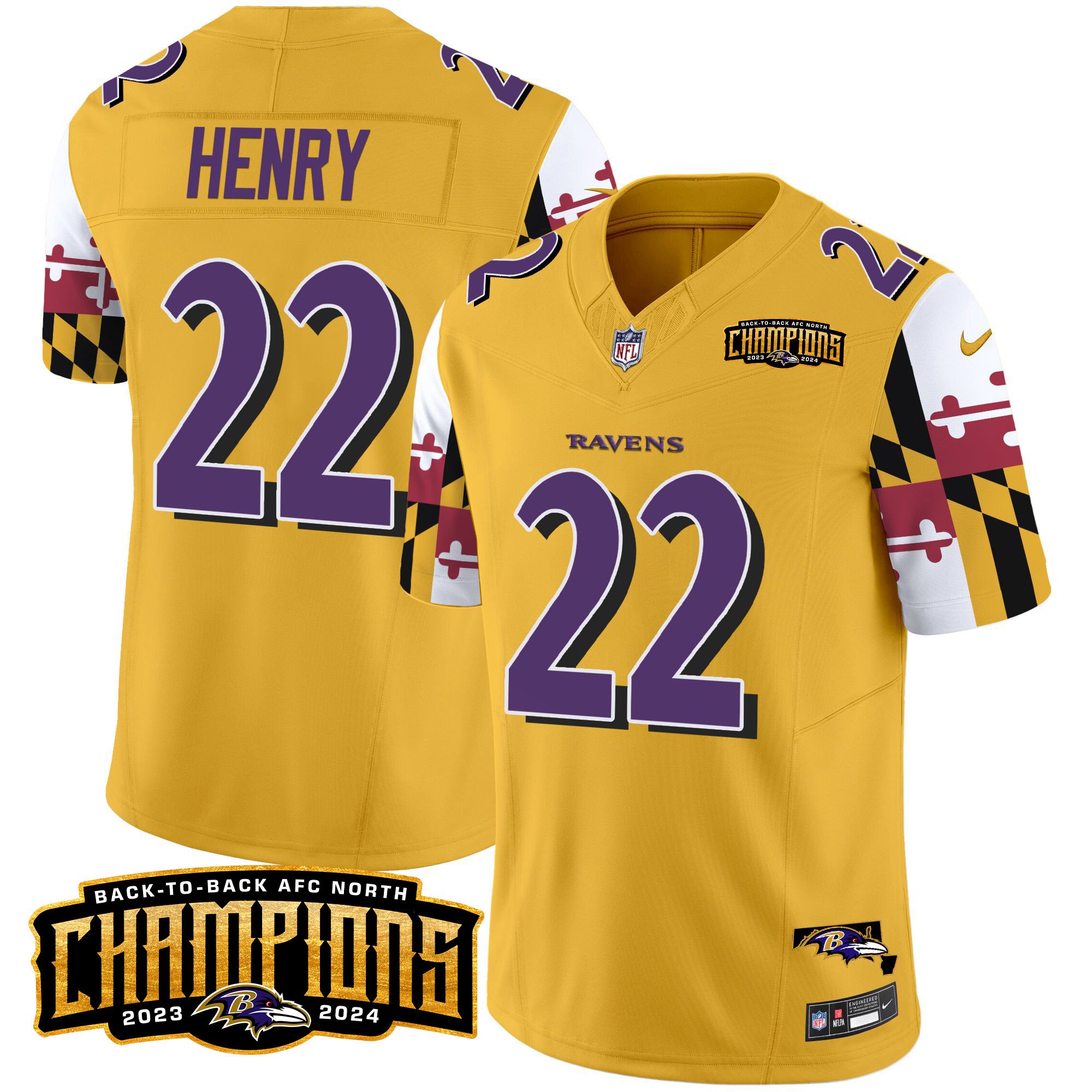 Men's Derrick Henry Baltimore Ravens Maryland Flag Back To Back AFC North Champions Patch Vapor Limited Gold Jersey - All Stitched