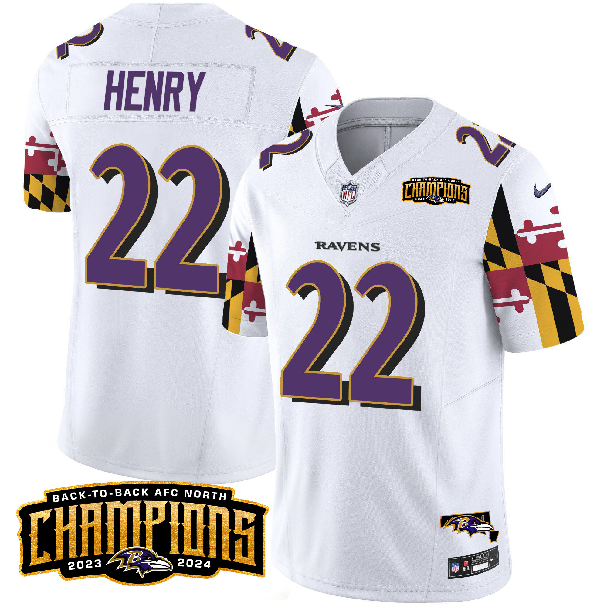 Men's Derrick Henry Baltimore Ravens Maryland Flag Back To Back AFC North Champions Patch Vapor Limited White Jersey - All Stitched