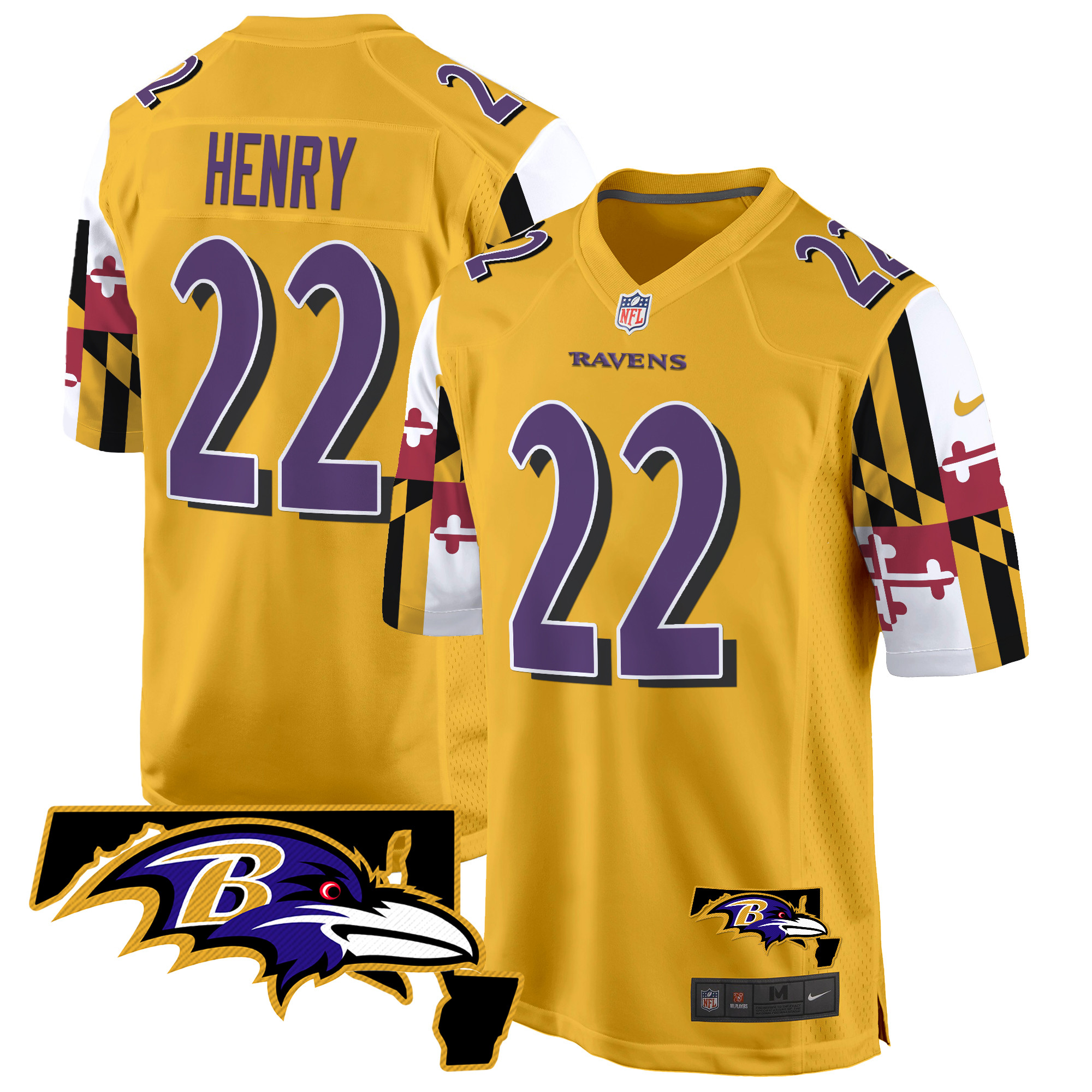 Men's Derrick Henry Baltimore Ravens Maryland Flag Game Gold Jersey - All Stitched