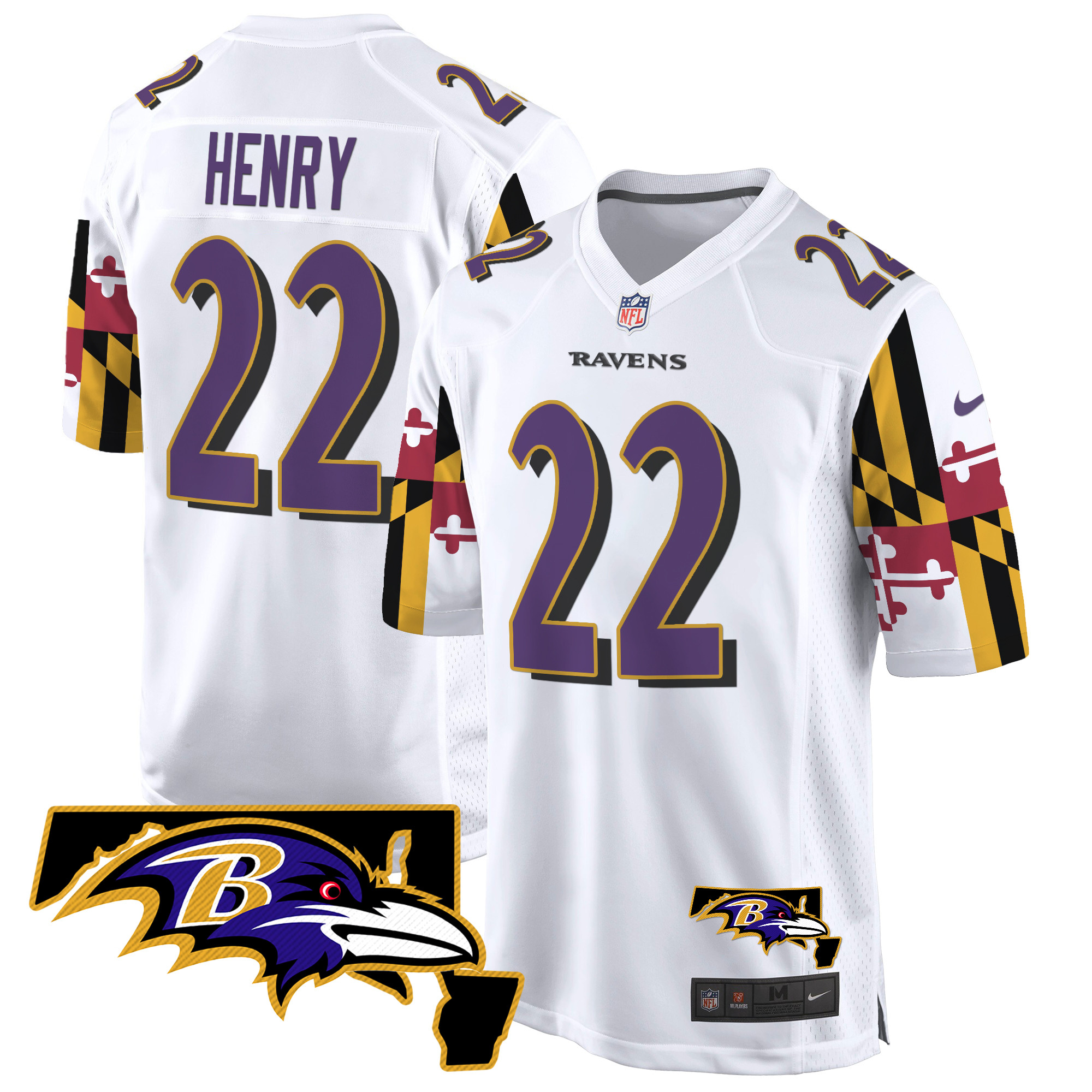 Men's Derrick Henry Baltimore Ravens Maryland Flag Game White Jersey - All Stitched