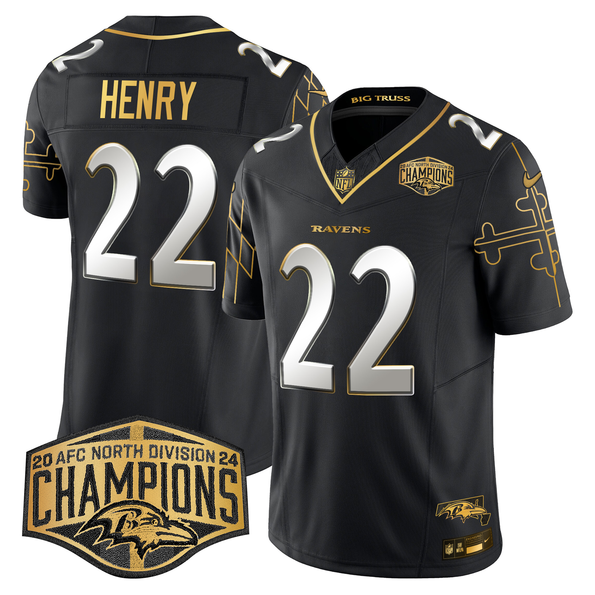 Men's Derrick Henry Baltimore Ravens Maryland Flag Map 2024 AFC North Division Champions Patch Gold Vapor Limited Black Limited Jersey - All Stitched