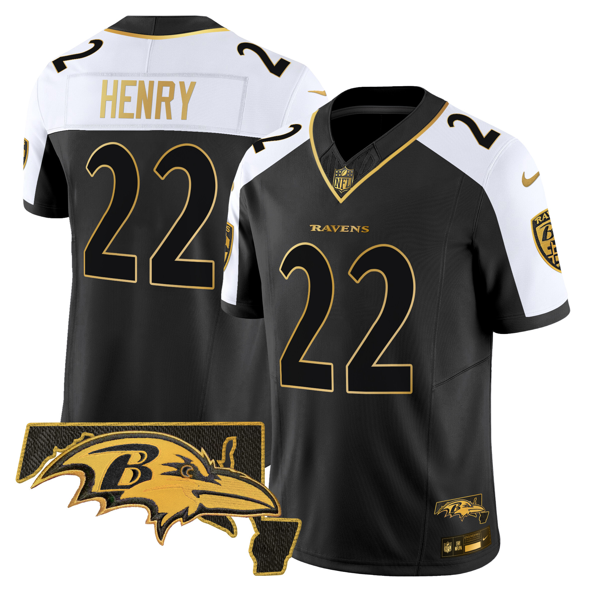 Men's Derrick Henry Baltimore Ravens Maryland Flag Map Patch Gold Vapor Limited Alternate Jersey - All Stitched