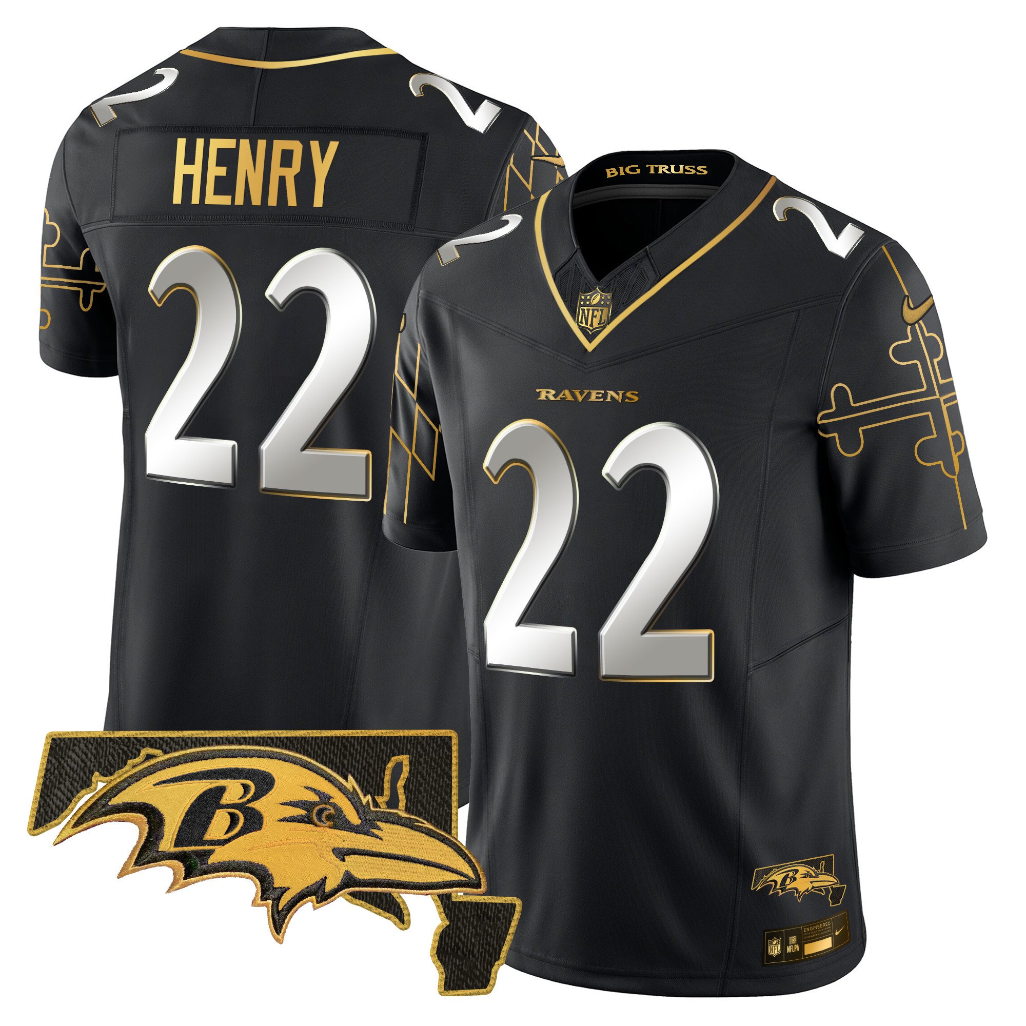 Men's Derrick Henry Baltimore Ravens Maryland Flag Map Patch Gold Vapor Limited Black Limited Jersey - All Stitched