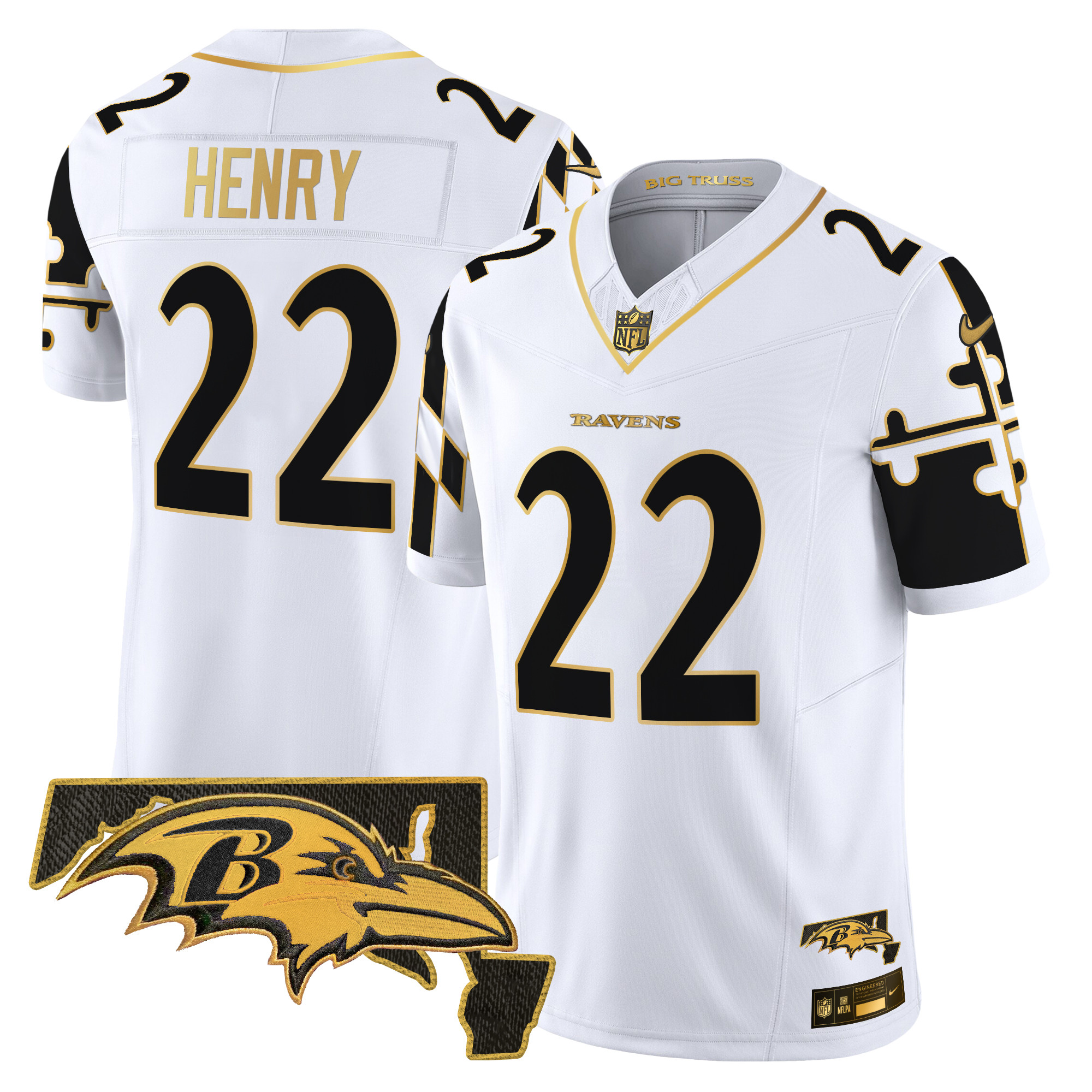 Men's Derrick Henry Baltimore Ravens Maryland Flag Map Patch Gold Vapor Limited White Gold Jersey - All Stitched