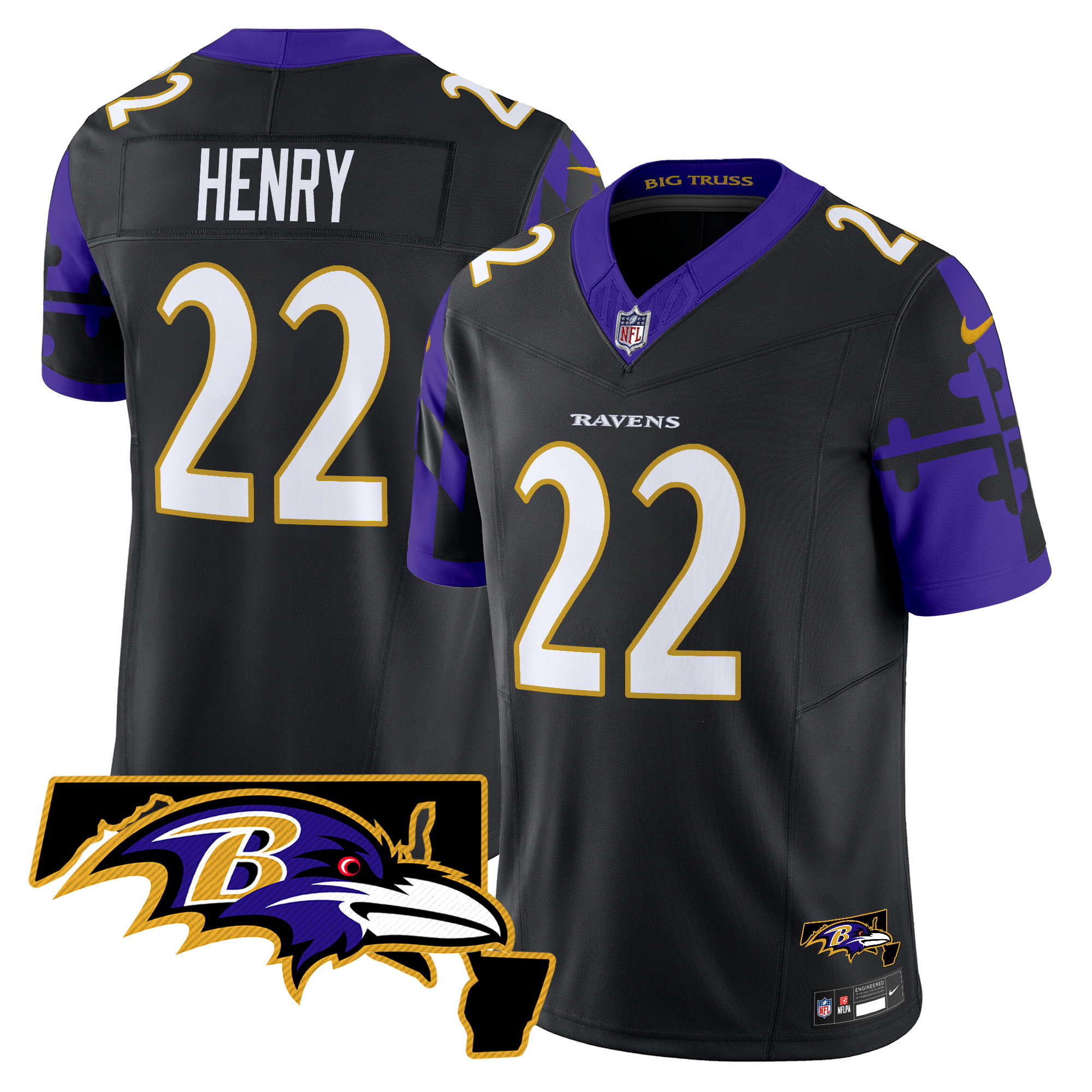 Men's Derrick Henry Baltimore Ravens Maryland Flag Map Patch Vapor Limited Black Jersey - All Stitched