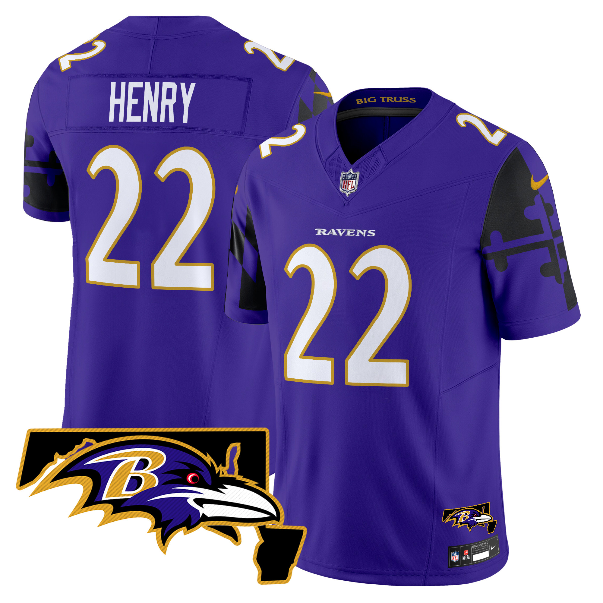 Men's Derrick Henry Baltimore Ravens Maryland Flag Map Patch Vapor Limited Purple Jersey - All Stitched