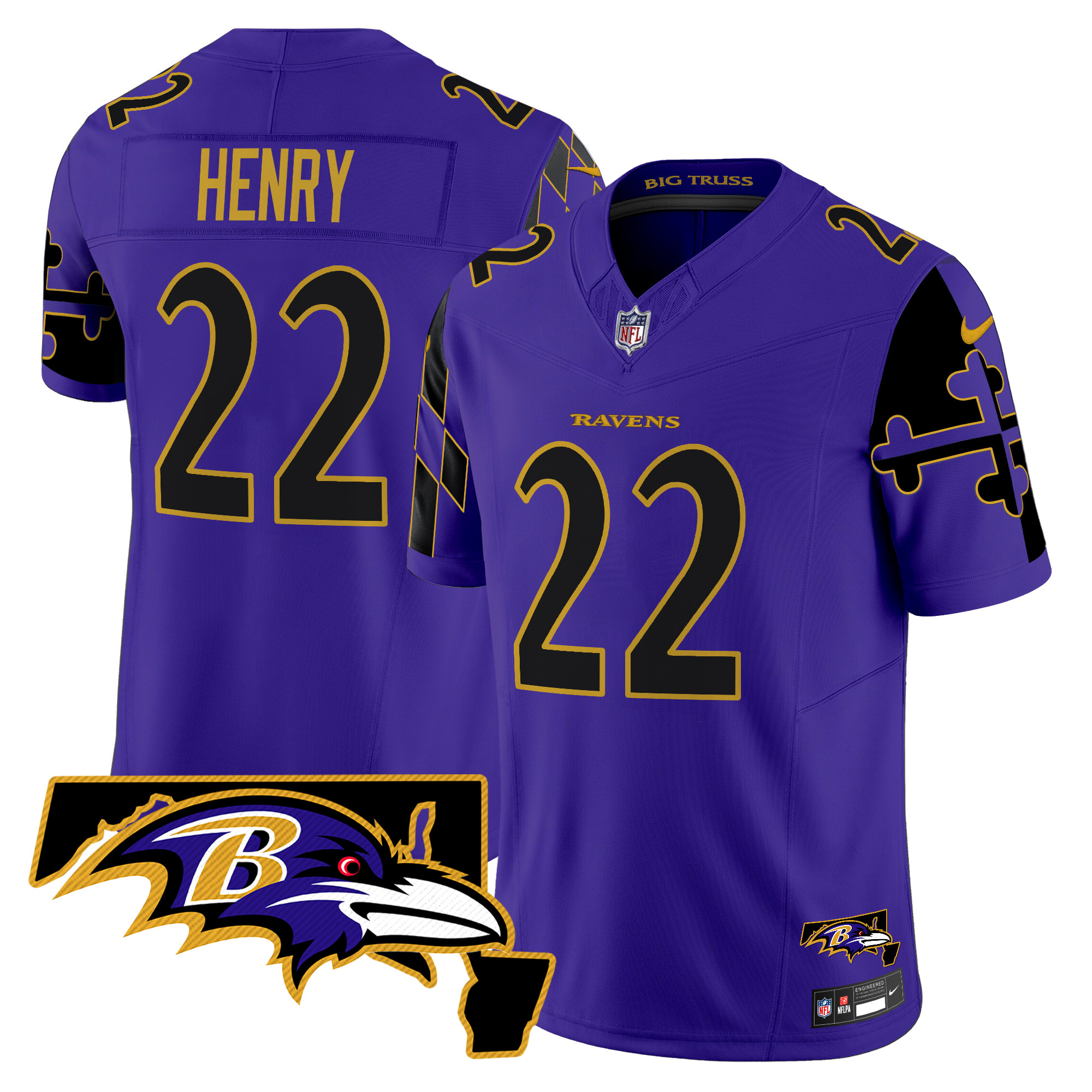 Men's Derrick Henry Baltimore Ravens Maryland Flag Map Patch Vapor Limited Purple Limited Jersey - All Stitched