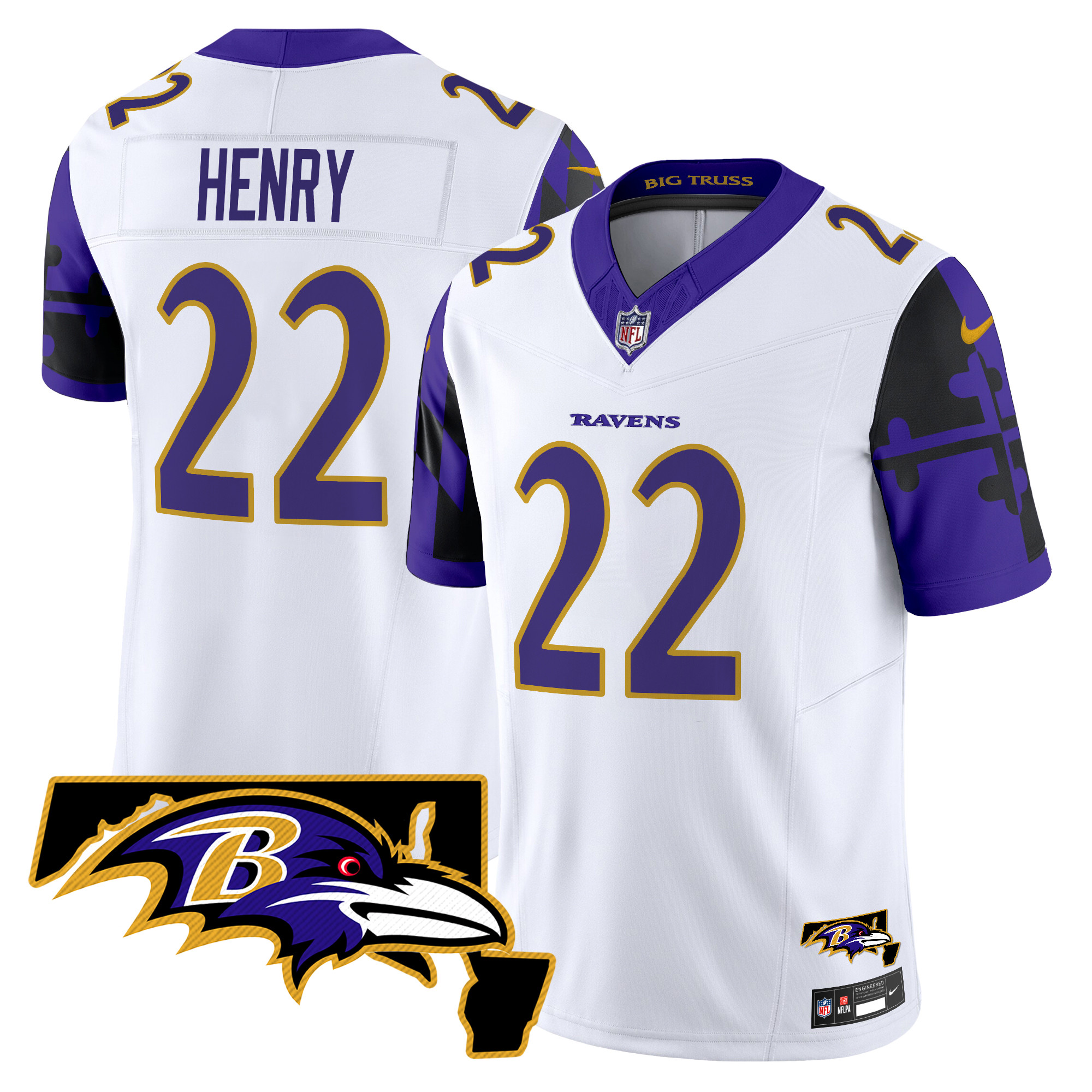 Men's Derrick Henry Baltimore Ravens Maryland Flag Map Patch Vapor Limited White Jersey - All Stitched