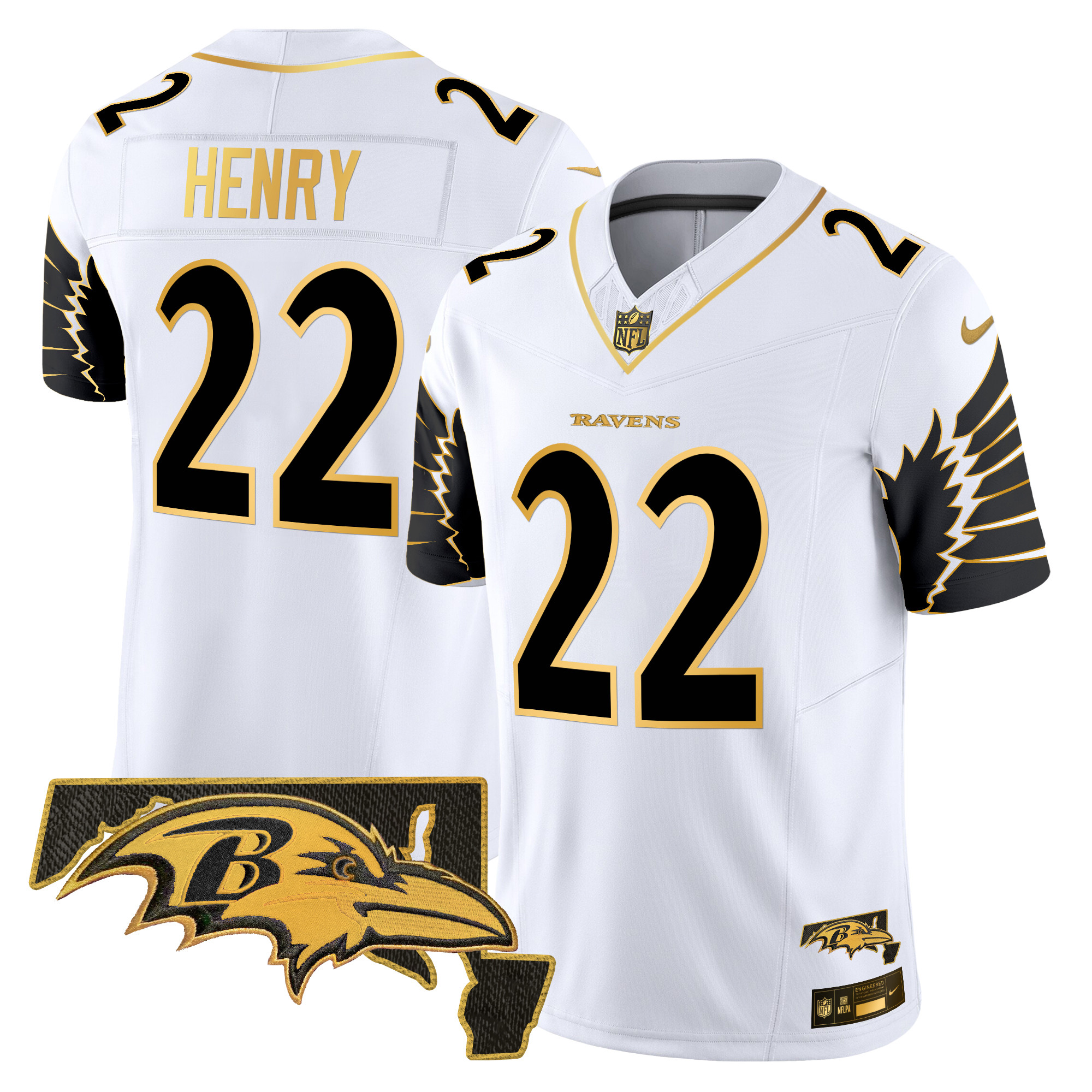 Men's Derrick Henry Baltimore Ravens Maryland Patch Gold Vapor Limited White Gold Jersey - All Stitched