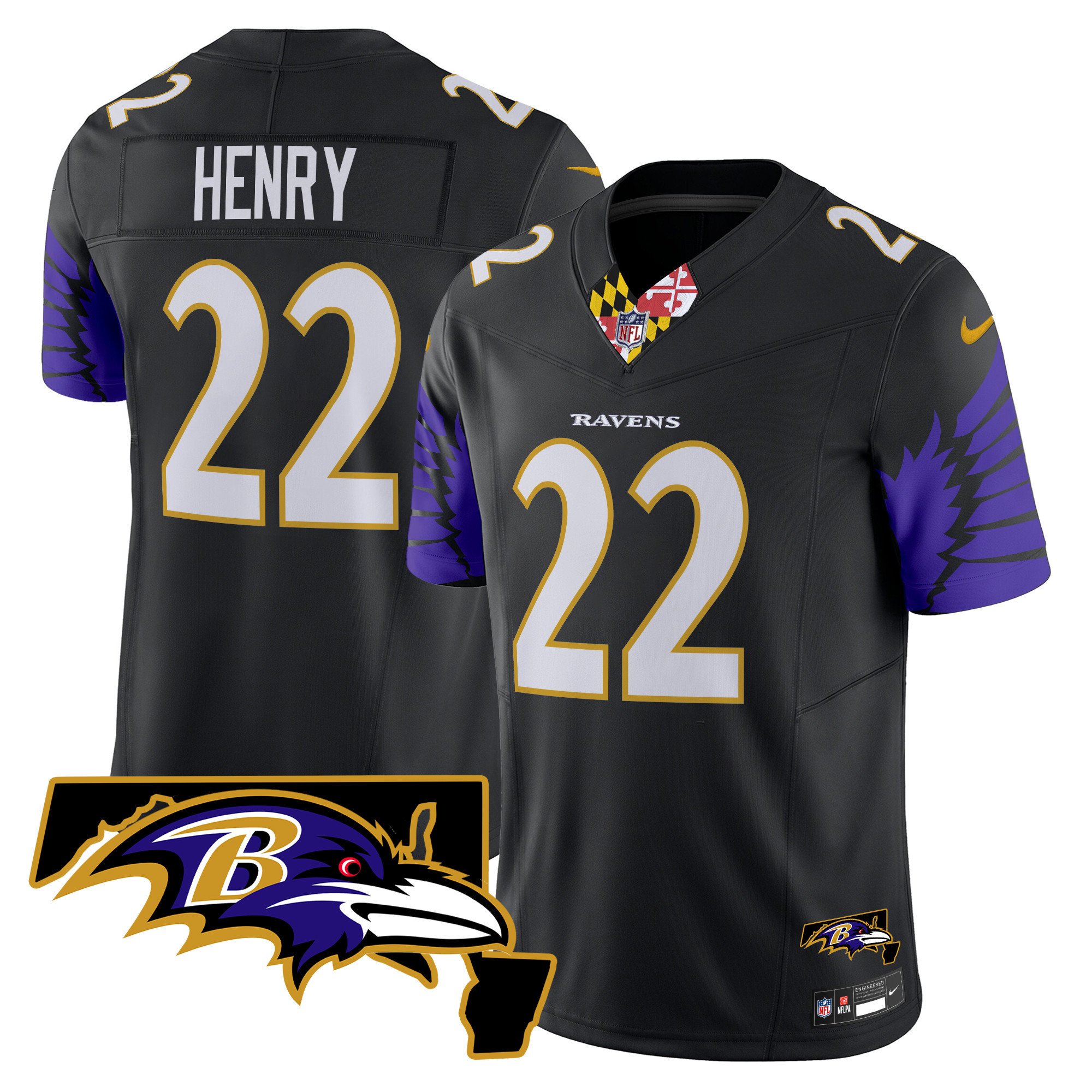 Men's Derrick Henry Baltimore Ravens Maryland Patch Vapor Limited Black Jersey V2 - All Stitched