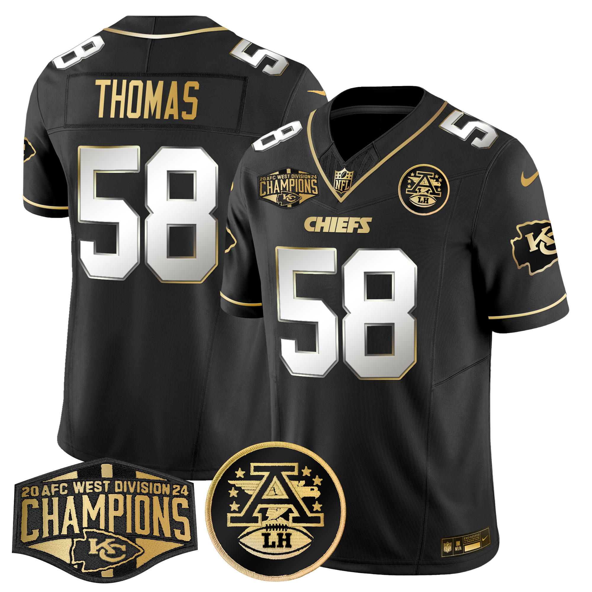 Men's Derrick Thomas Kansas City Chiefs 2024 AFC West Division Champions Patch Gold Vapor Limited Black Limited Jersey - All Stitched