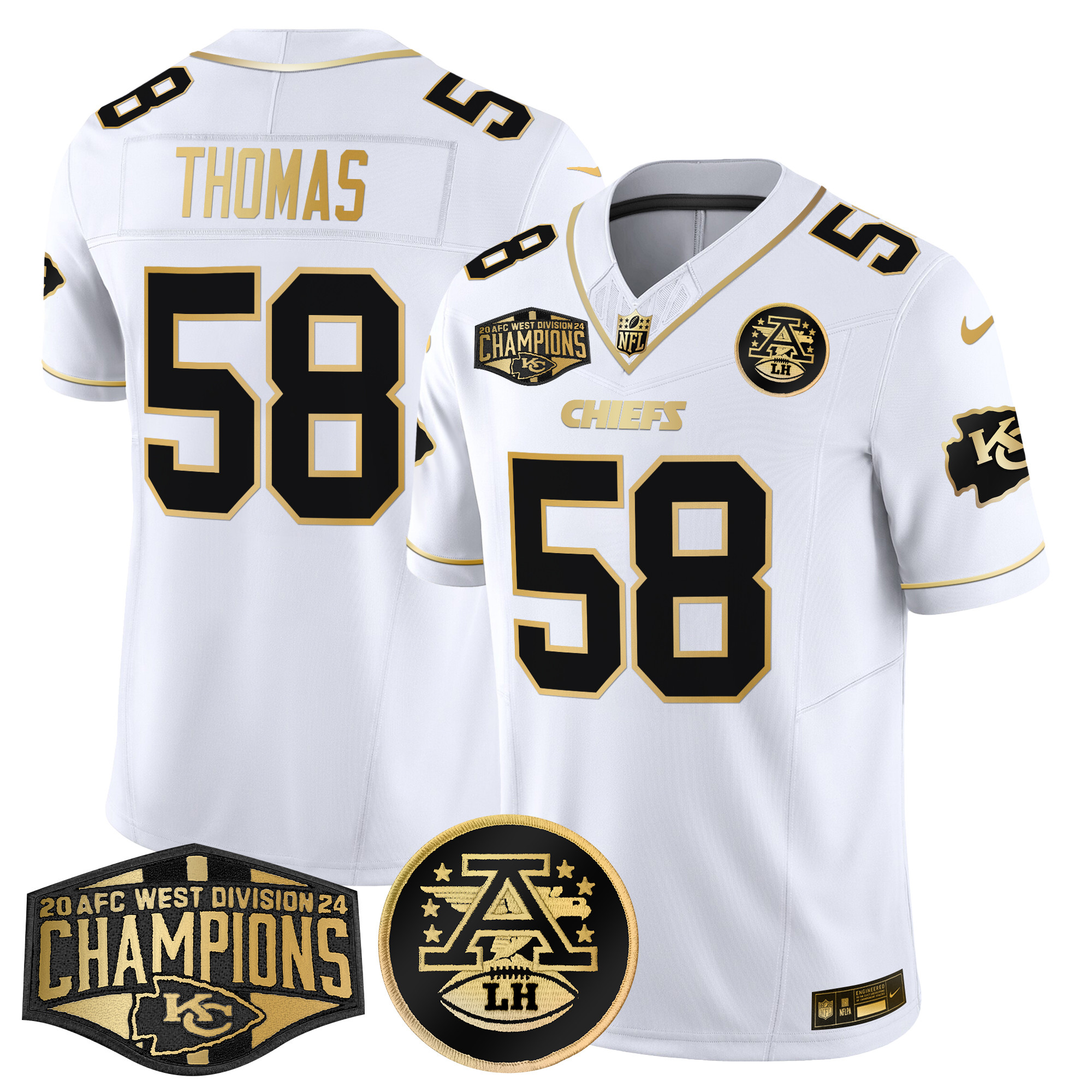 Men's Derrick Thomas Kansas City Chiefs 2024 AFC West Division Champions Patch Gold Vapor Limited White Gold Jersey - All Stitched
