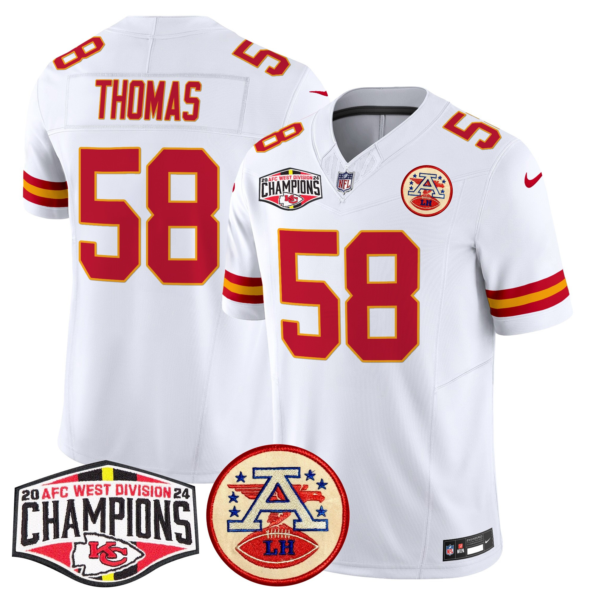 Men's Derrick Thomas Kansas City Chiefs 2024 AFC West Division Champions Patch Vapor Limited White Jersey - All Stitched