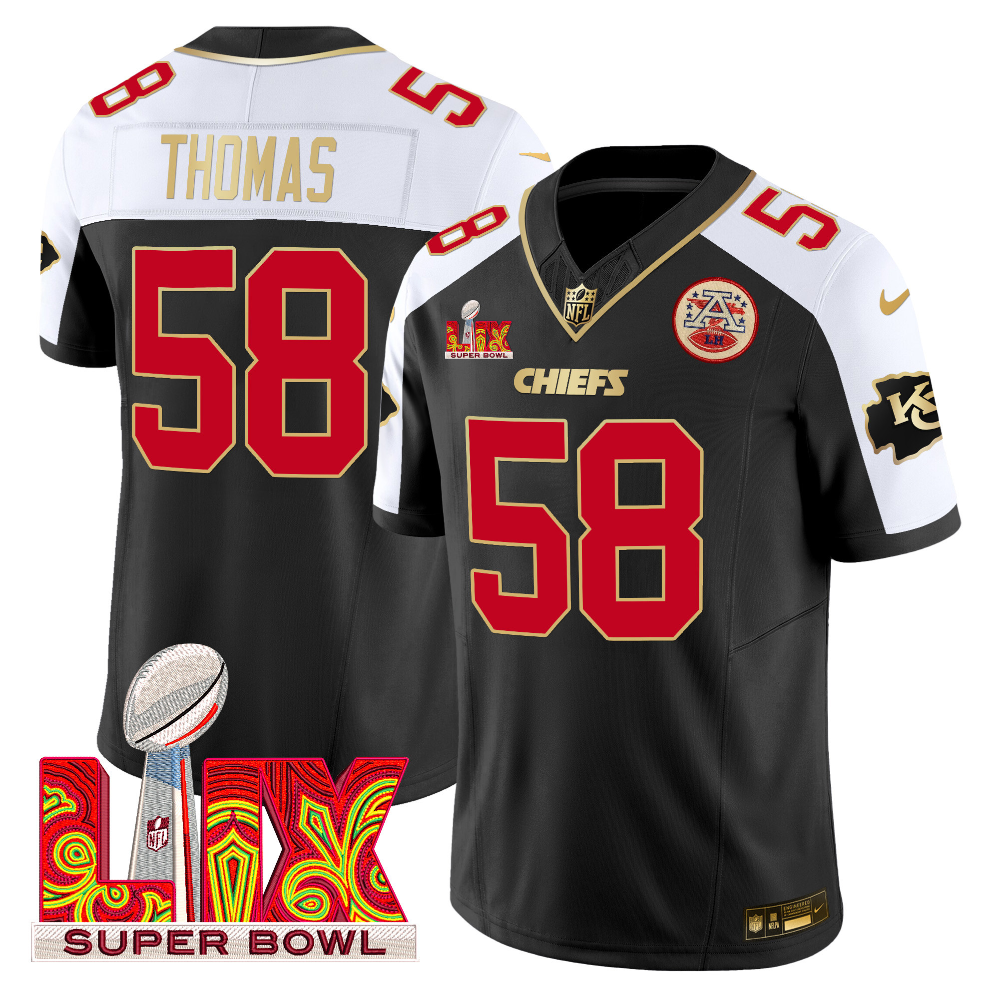 Men's Derrick Thomas Kansas City Chiefs Super Bowl LIX Patch Gold Trim Vapor Limited Black Alternate Jersey - All Stitched
