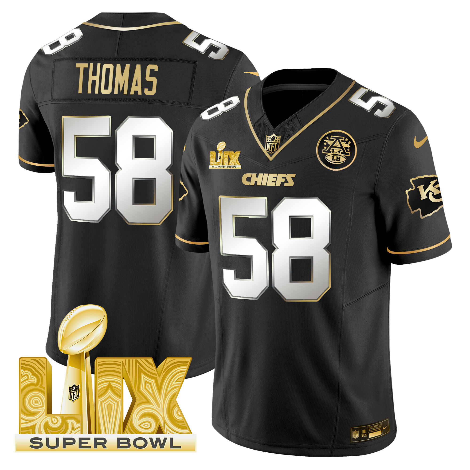 Men's Derrick Thomas Kansas City Chiefs Super Bowl LIX Patch Gold Vapor Limited Black Limited Jersey - All Stitched