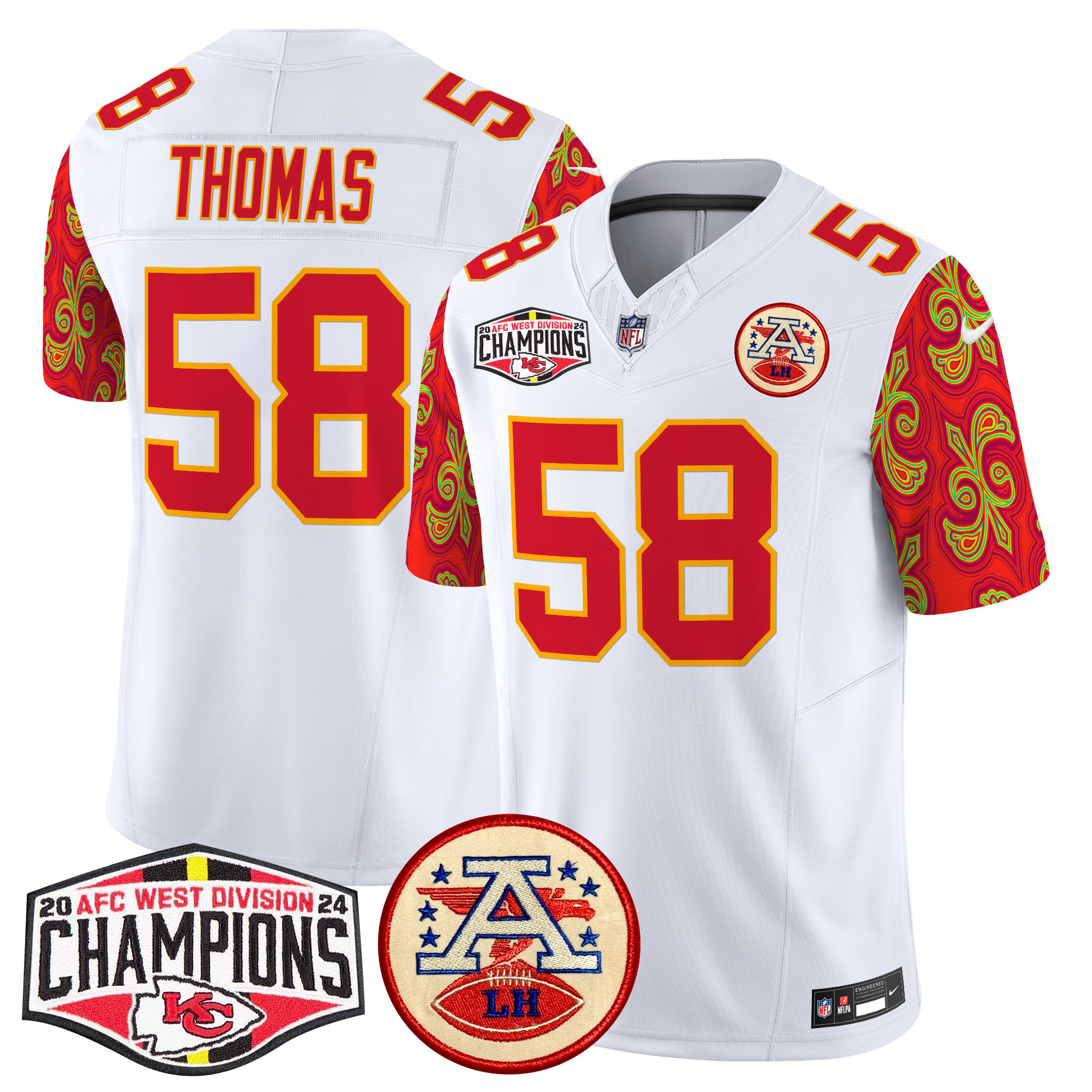 Men's Derrick Thomas Kansas City Chiefs Super Bowl LIX Style 2024 AFC West Division Champions Patch Vapor Limited White Jersey - All Stitched