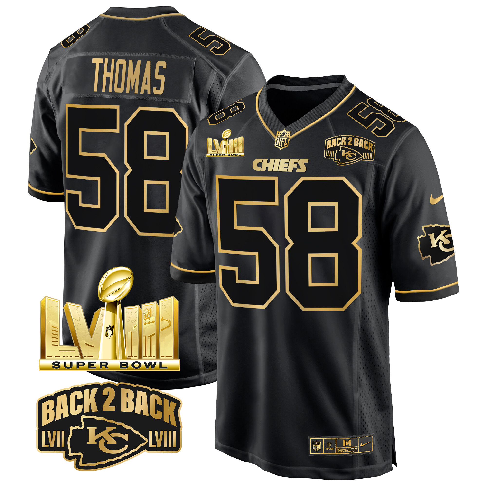 Men's Derrick Thomas Kansas City Chiefs Super Bowl LVIII & Back 2 Back Gold Game Black Gold Jersey - All Stitched