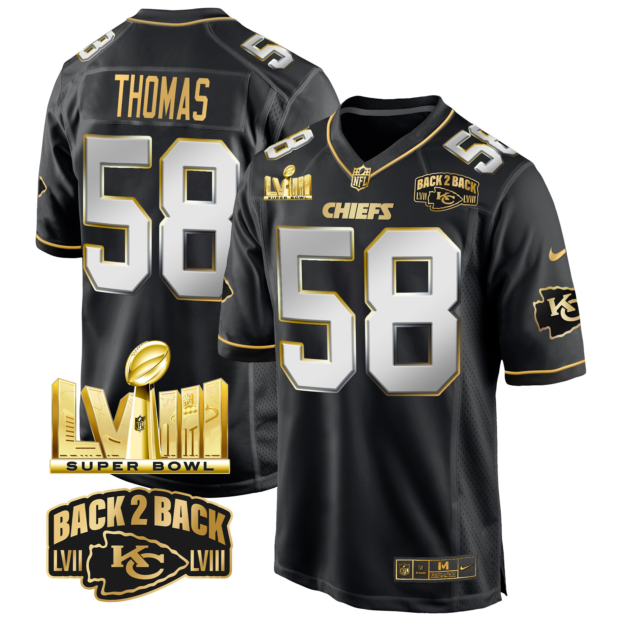 Men's Derrick Thomas Kansas City Chiefs Super Bowl LVIII & Back 2 Back Gold Game Black Limited Jersey - All Stitched